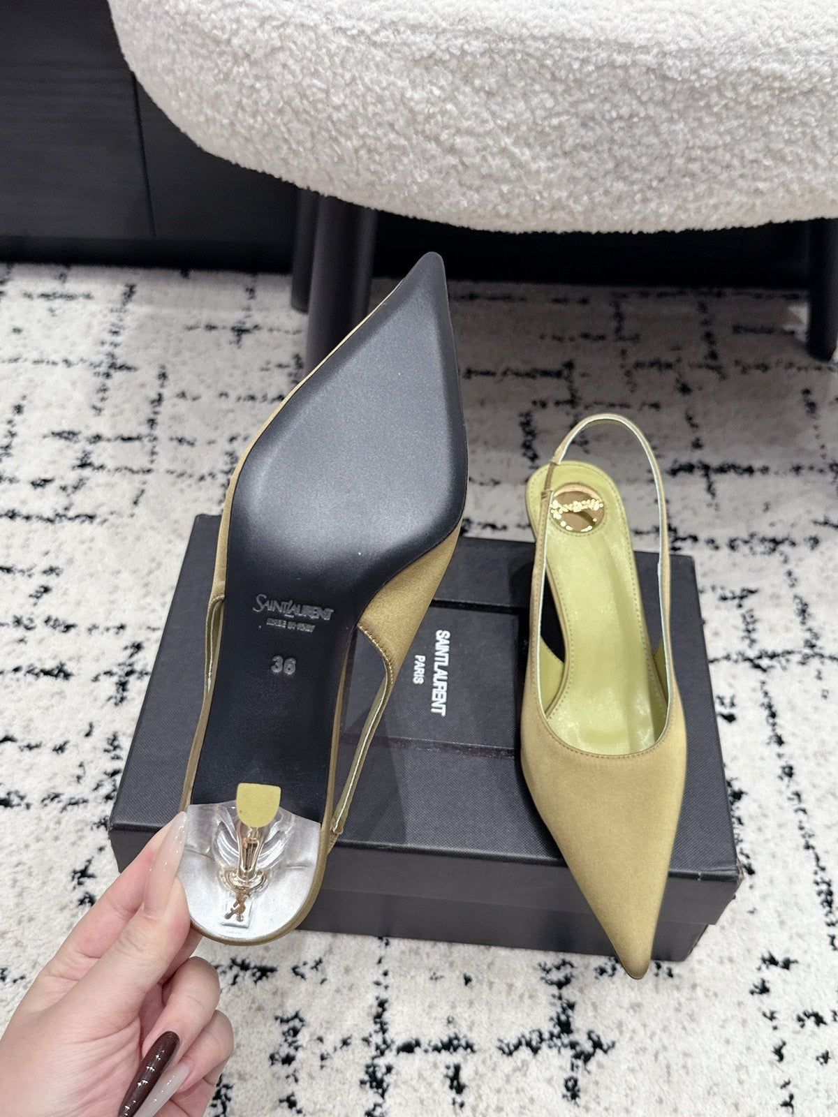 YSL 26S Slingback Pumps 6cm Olive Green Satin