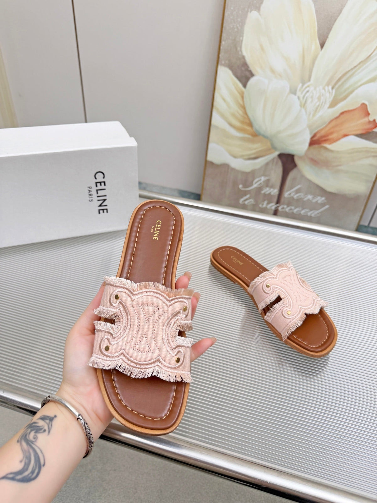 Celine 26s Triomphe Slide Sandals Blush Pink Canvas 831429