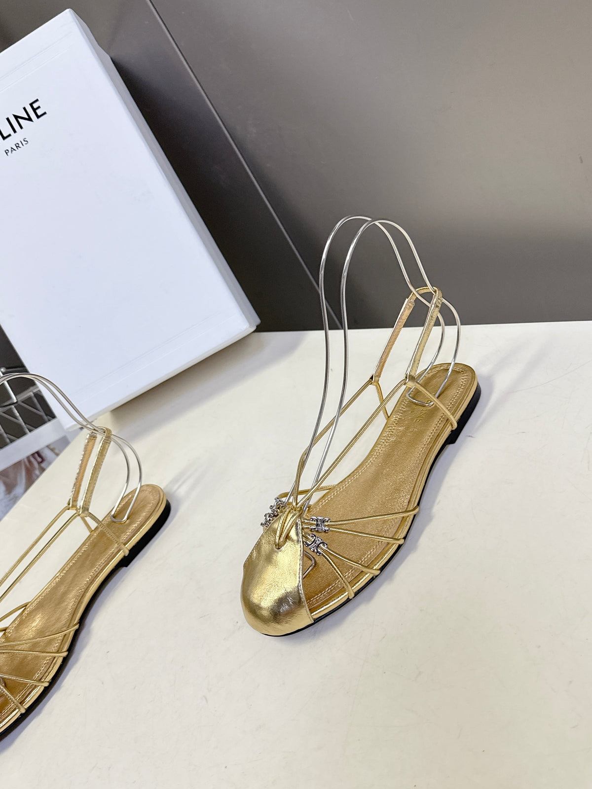 Celine 26s Triomphe Lace Up Ankle Strap Flat Sandals Gold Calfskin 395168