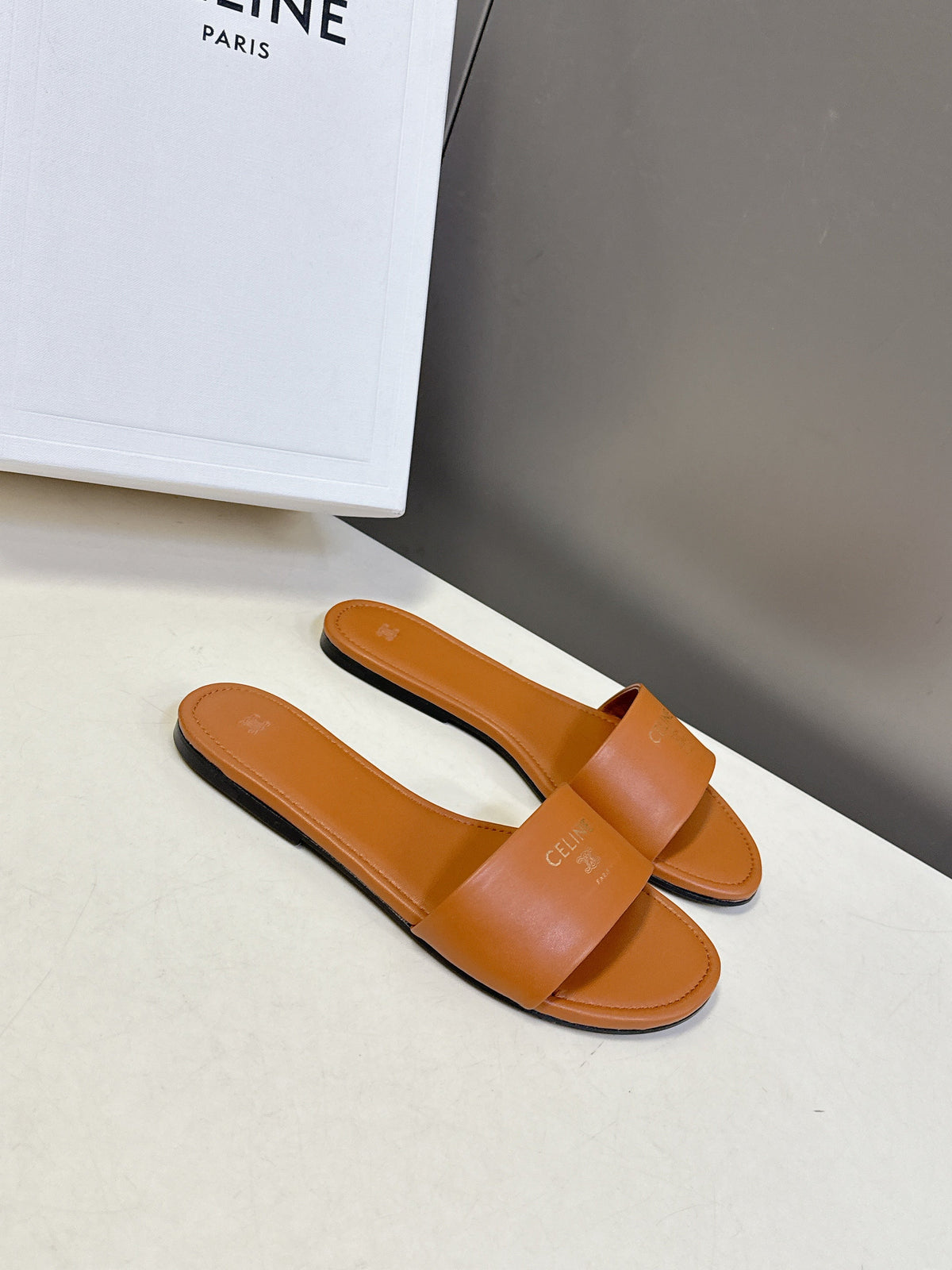 Celine 26s Flat Slides Tan Brown Lambskin 418296