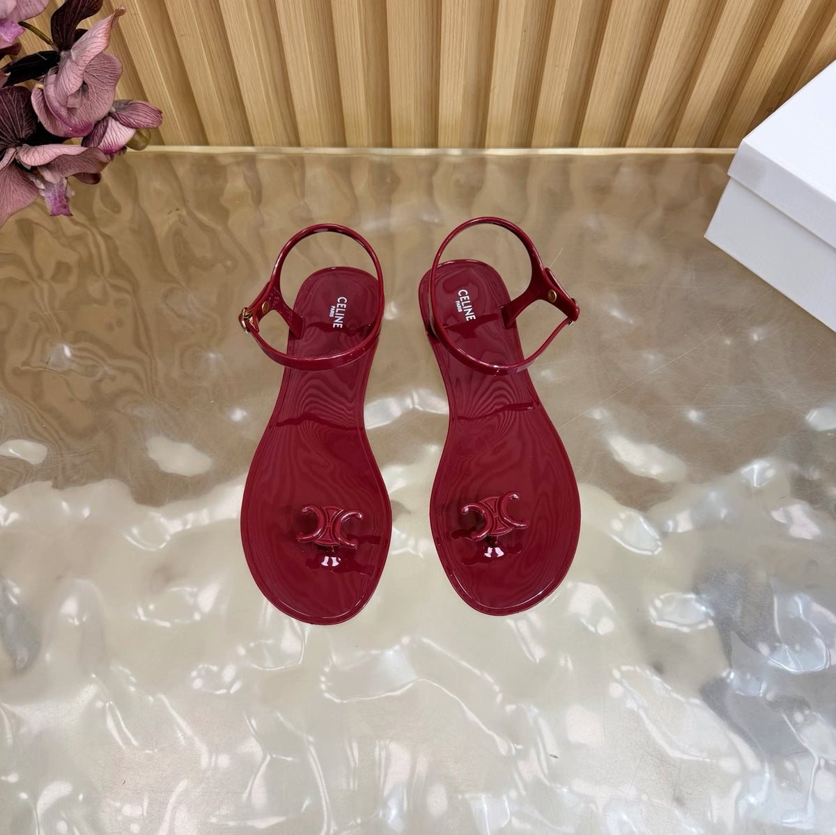 Celine 26s Triomphe Jelly Thong Sandals Burgundy Red TPU Gold Hardware 835219