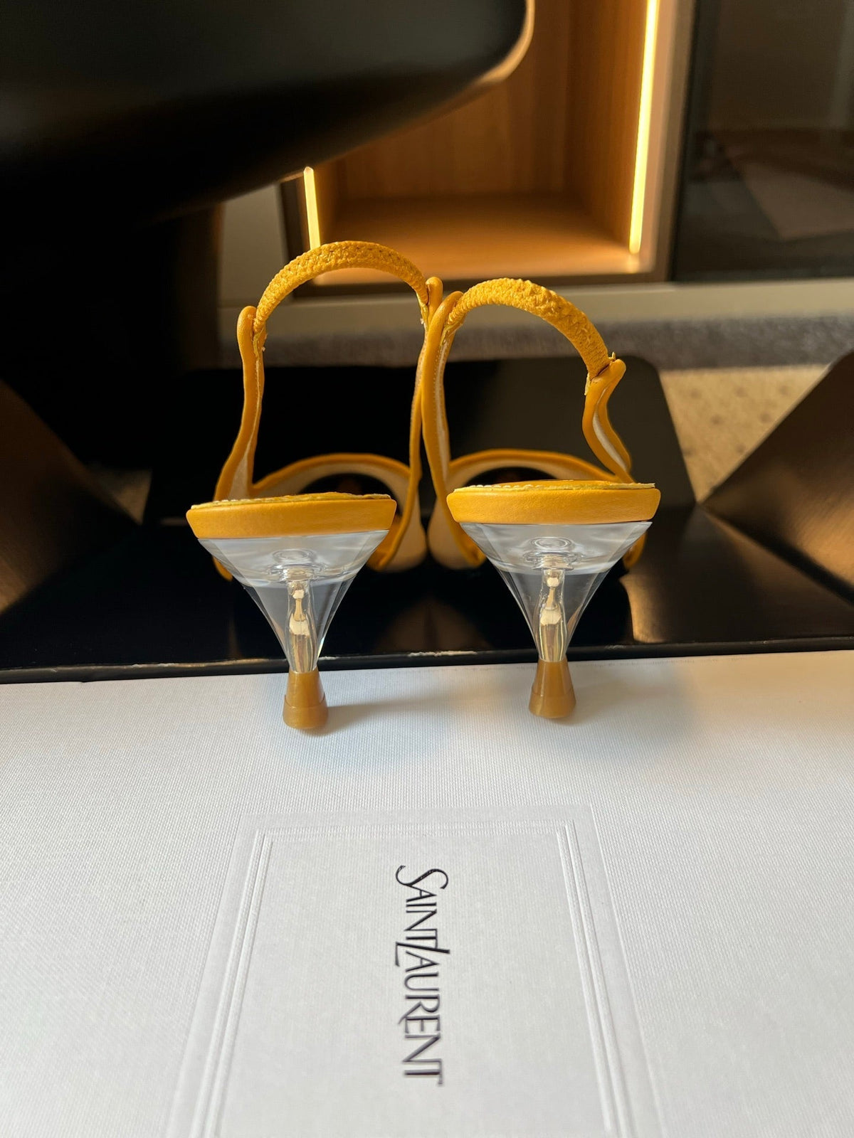 YSL 26S Heeled Slingbacks 6cm Mustard Yellow Lambskin And Beige Mesh
