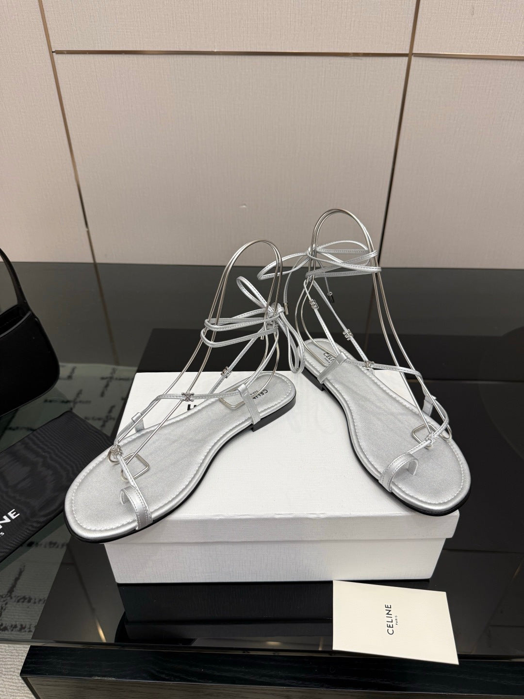 Celine 26s Triomphe Lace Up Flat Sandals Silver Calfskin 417392