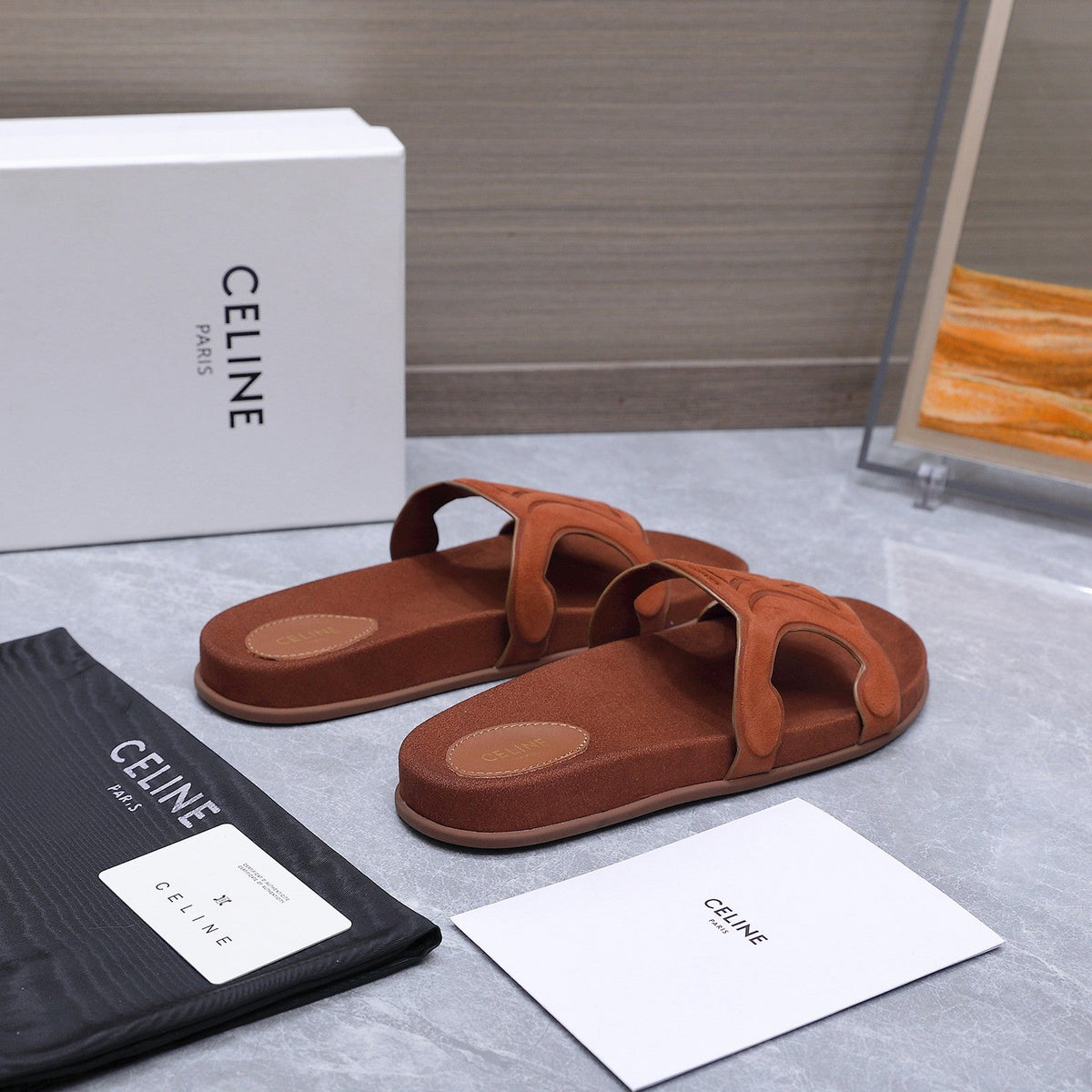 Celine 26s Triomphe Slides Cognac Brown Suede 915403
