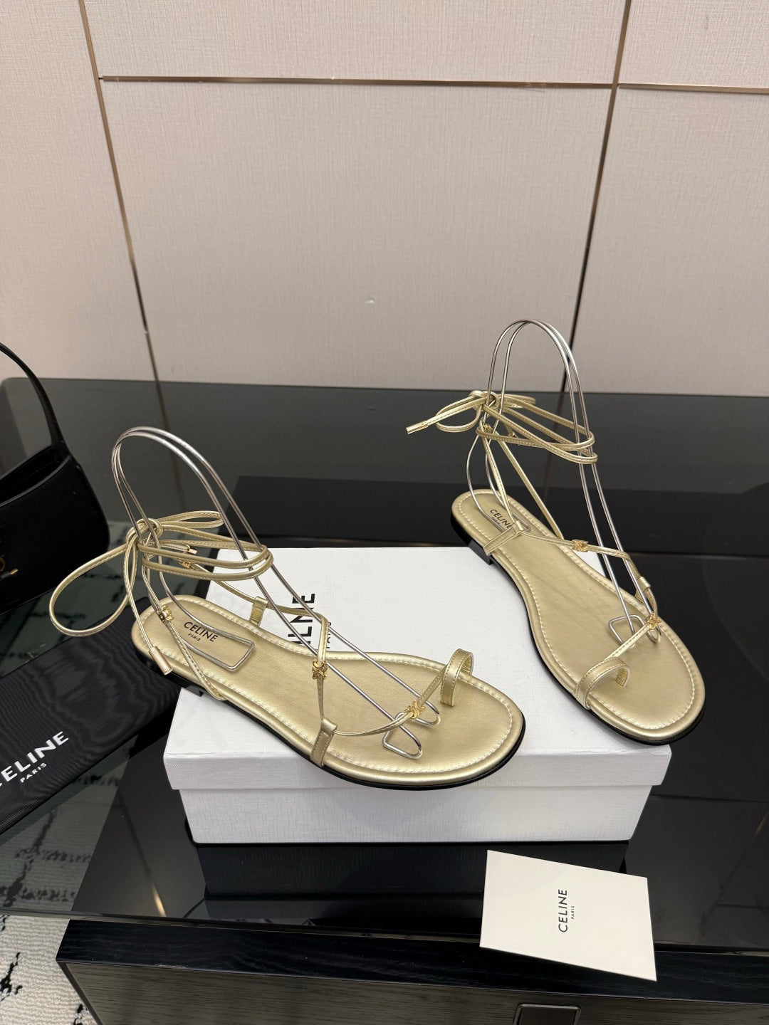 Celine 26s Triomphe Lace Up Flat Sandals Gold Calfskin 538194