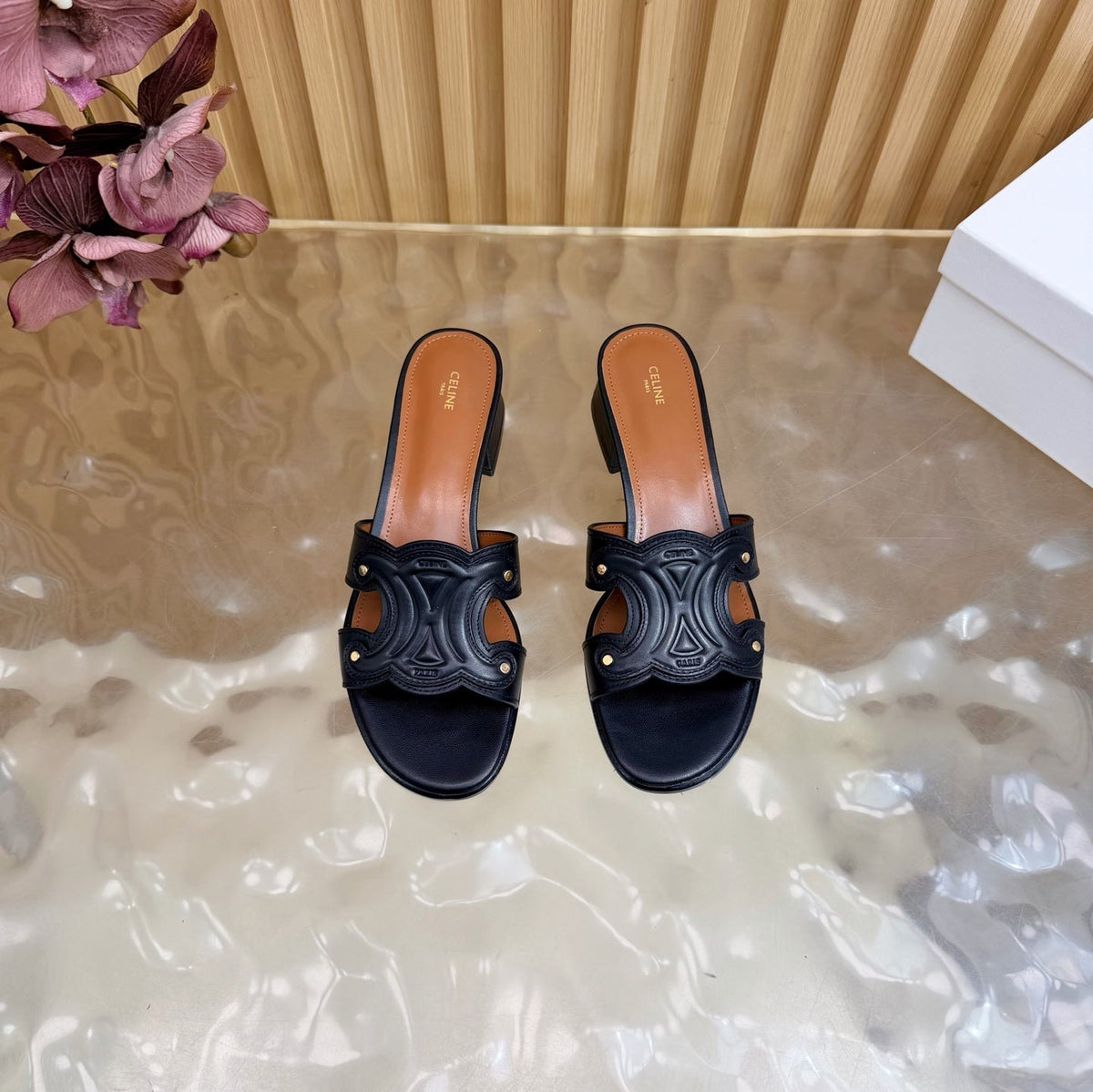 Celine 26s Triomphe Block Heel Mules In Navy Black Calfskin