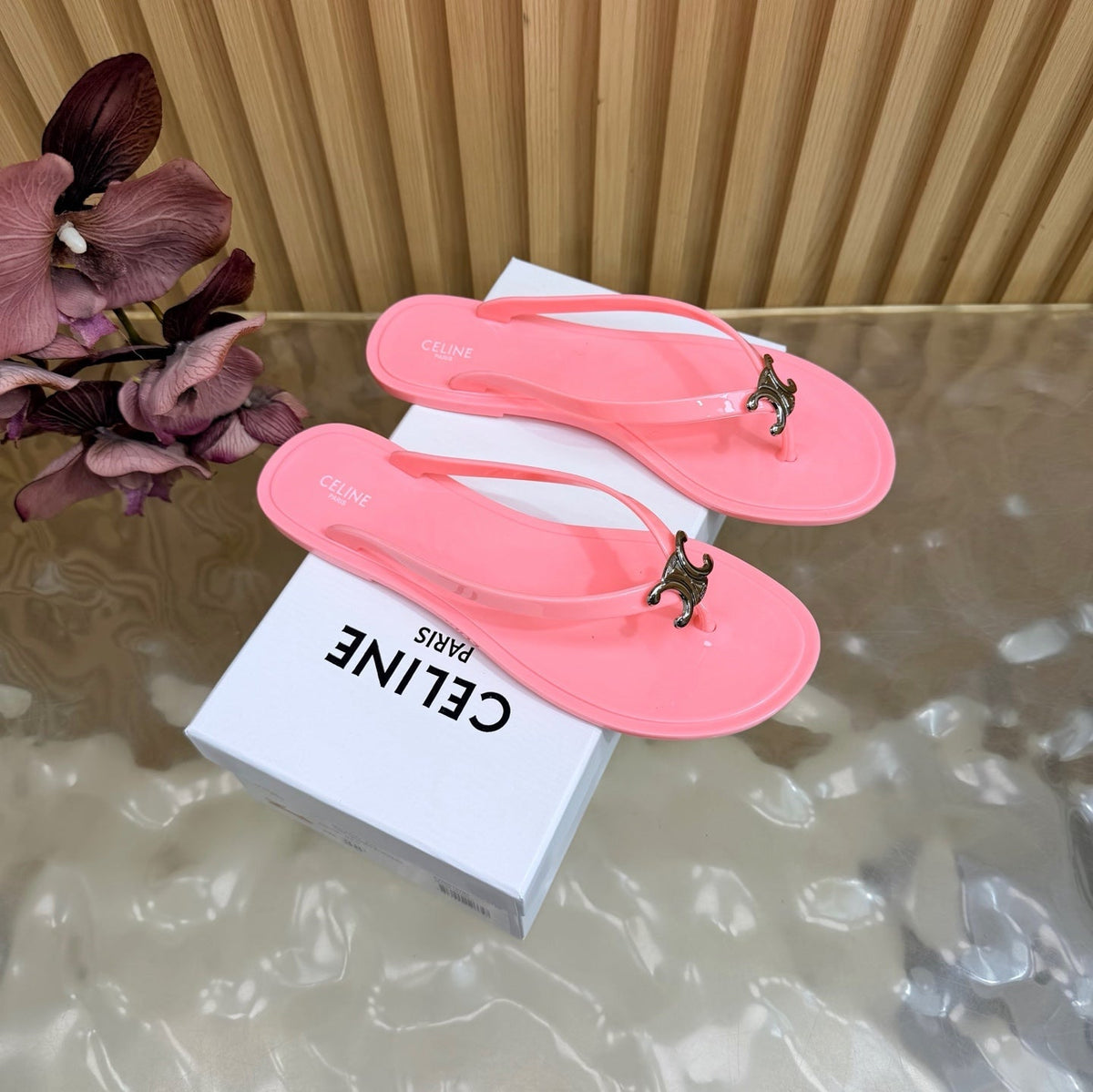 Celine 26s Triomphe Thong Sandals Pink TPU Silver Hardware 158392