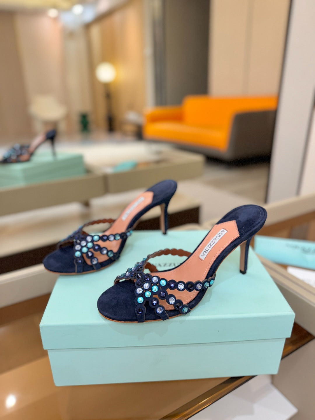 Aquazzura 26S Tequila Heeled Sandals 8.5cm Navy Blue Suede