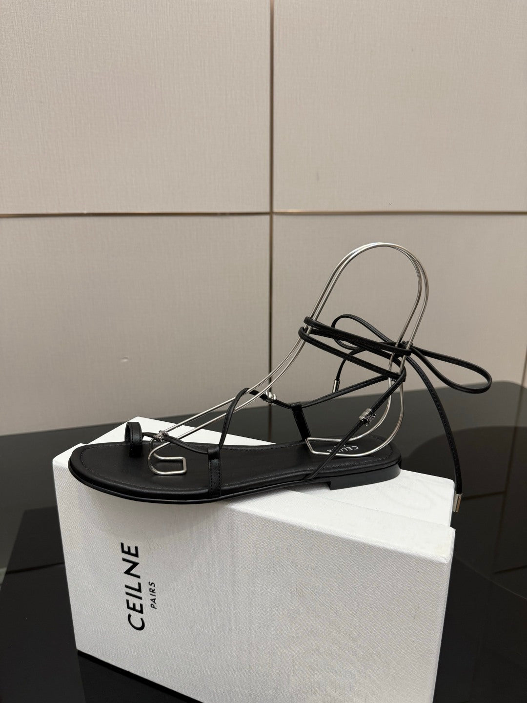 Celine 26s Triomphe Lace Up Flat Sandals Black Calfskin 852936
