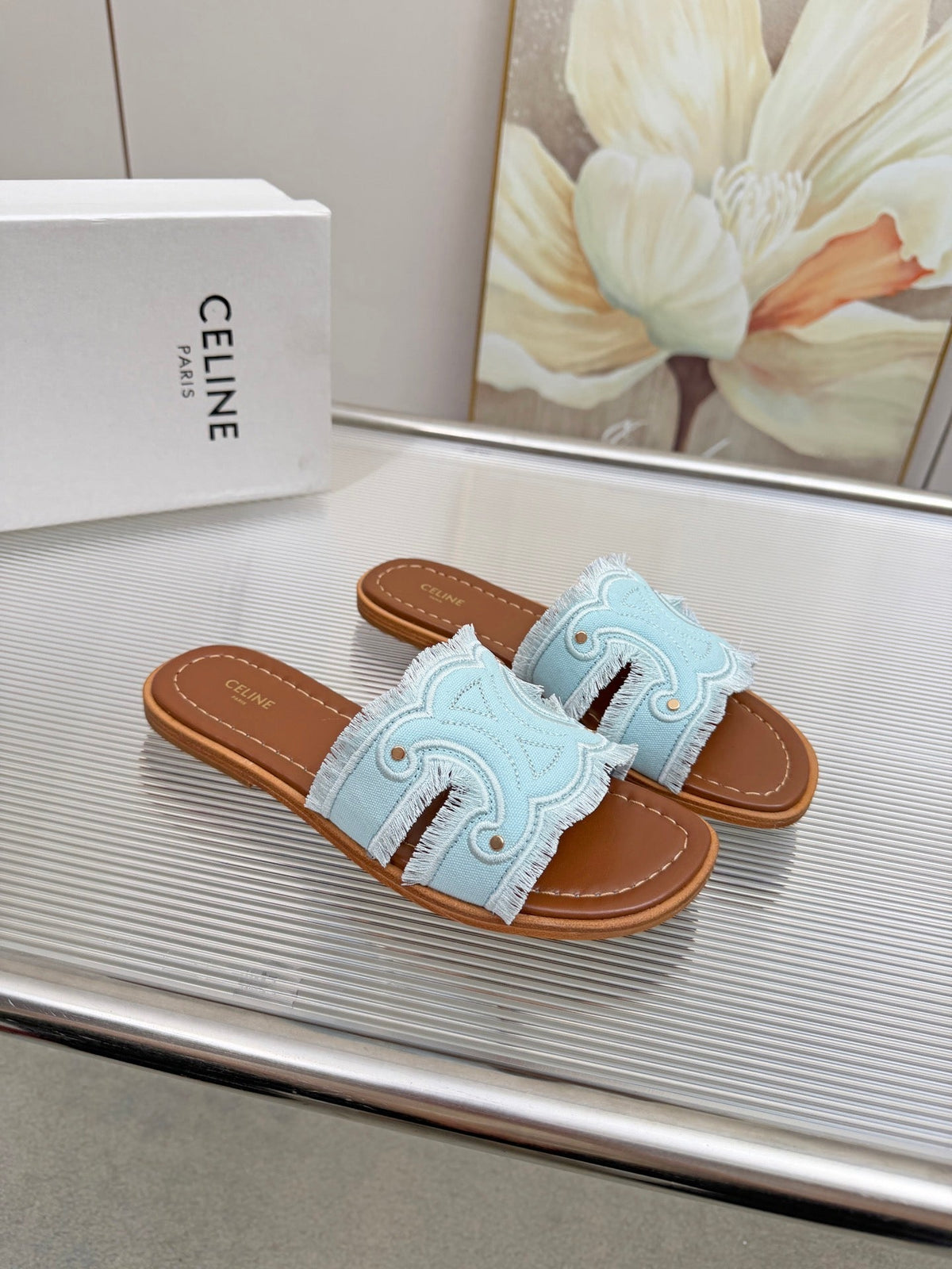 Celine 26s Triomphe Slide Sandals Sky Blue Canvas 514279