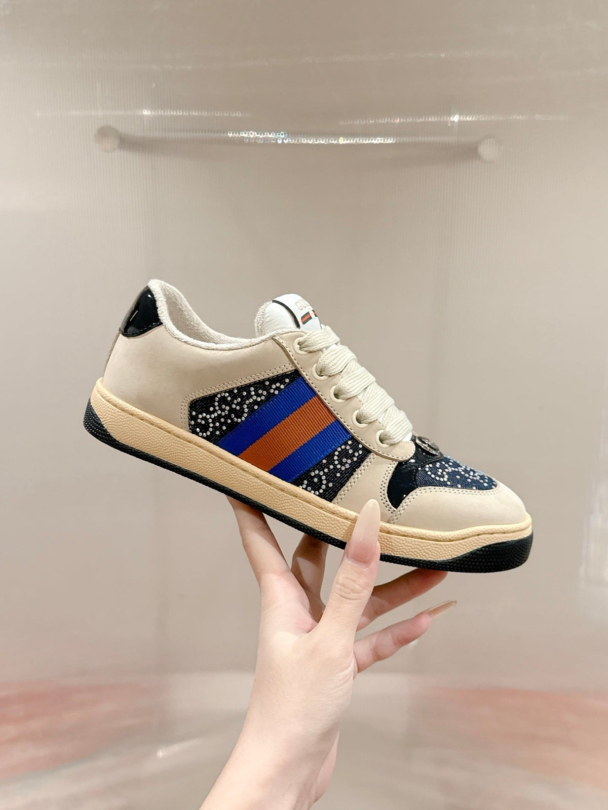 GG 26s Screener Sneaker Beige Suede Mix Navy Blue Canvas