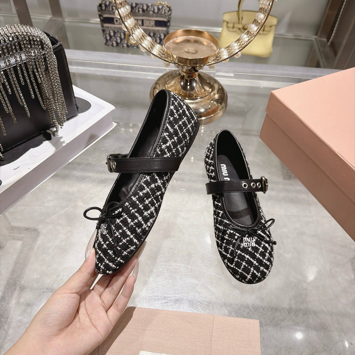 Miumiu 26S Mary Jane Flats Black And White Tweed Fabric