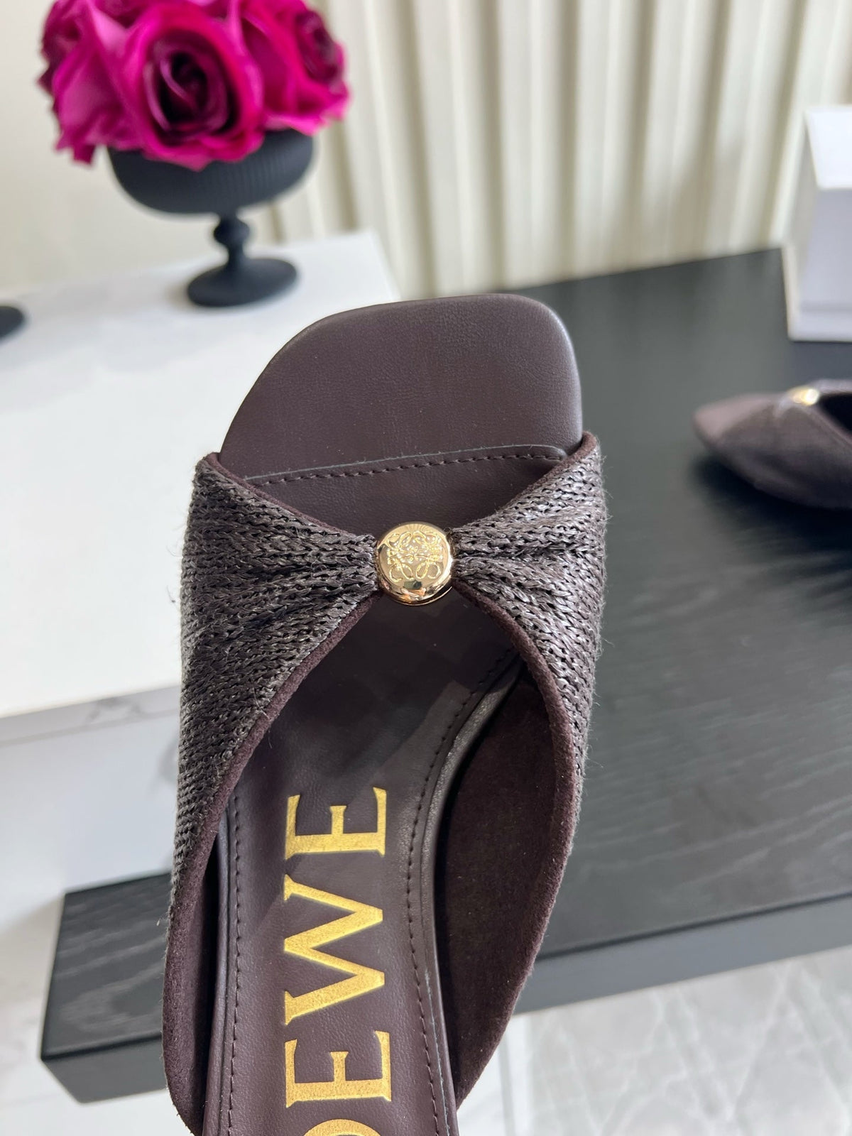 Loewe 26S High-Heel Sandals 45 mm In Dark Brown Raffia And Lambskin