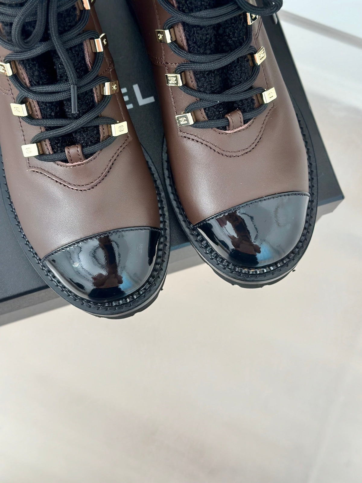 Chanel 2026 Lace-Up Combat Boots Brown Leather Wool 188626