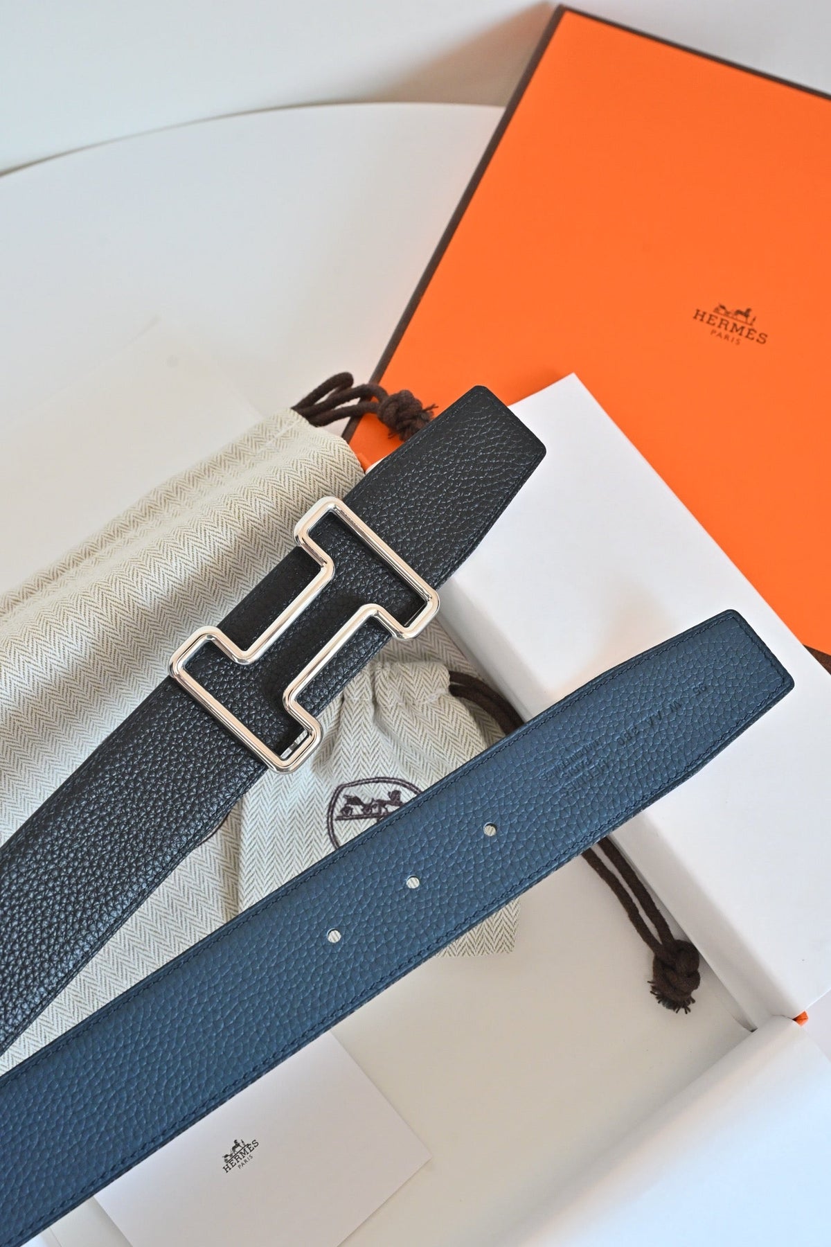HM 26FW Reversible H Belt 3.8cm Black Rain Cloud Gray Grained Leather 220417