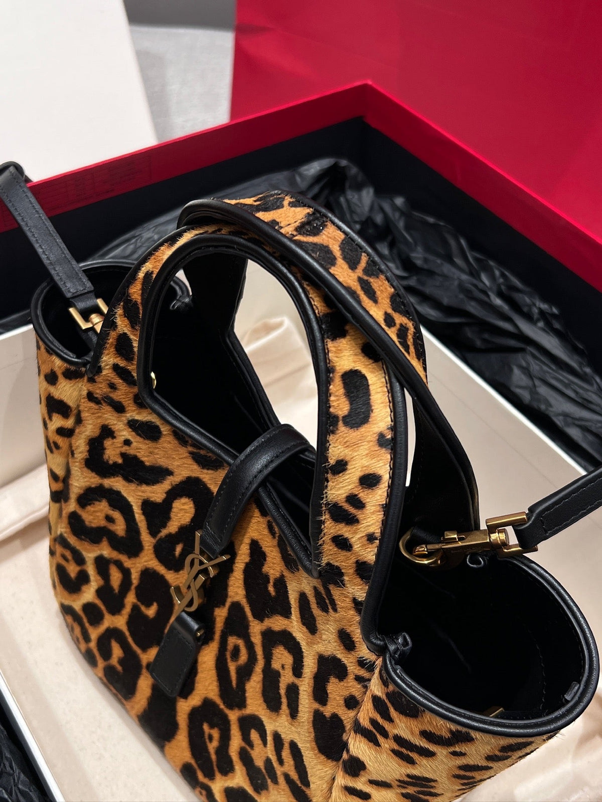 YSL 2026 Le 5 a 7 Baby Bea Bag 18cm Leopard Print Horsehair Leather