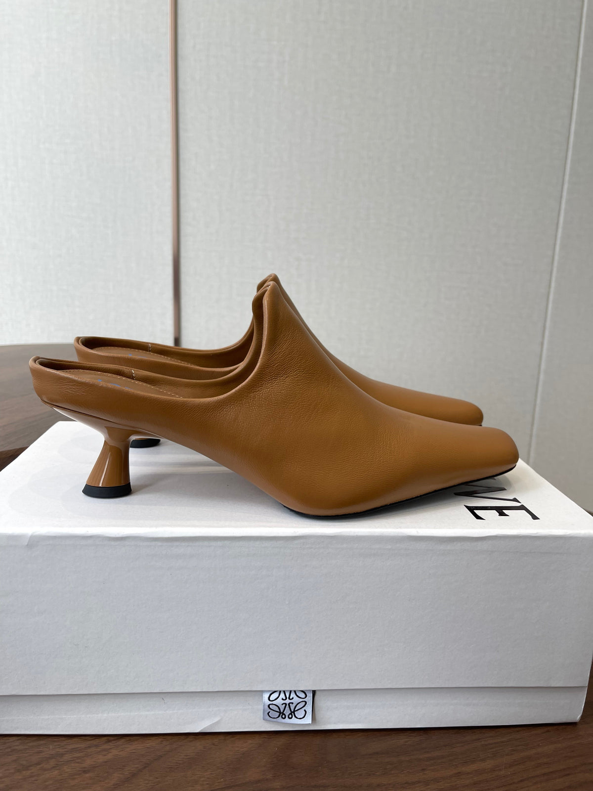 Loewe 26S Emily Mule 55mm In Tan Brown Calfskin