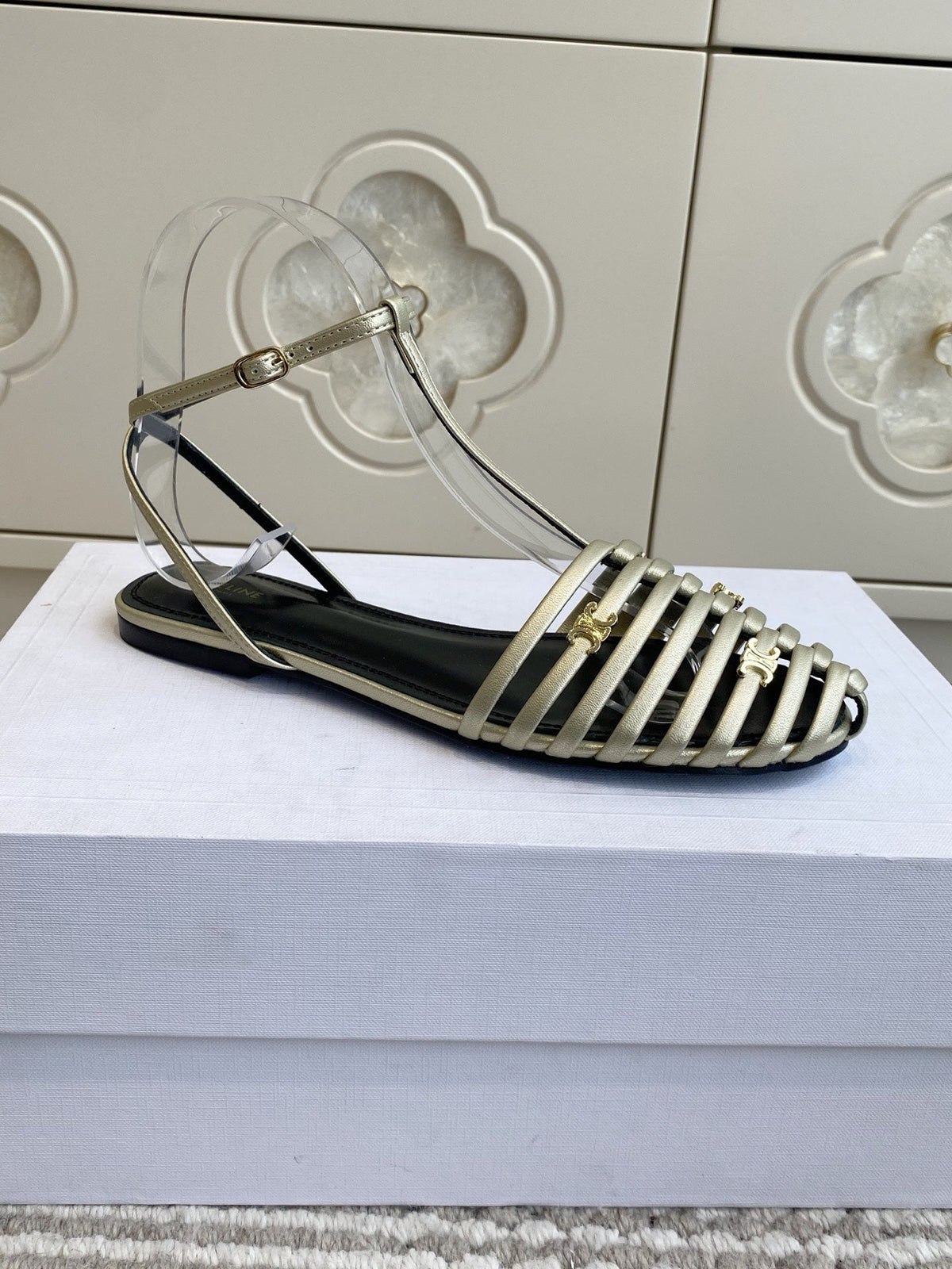 Celine 26s Clea Triomphe Gladiator Sandals Champagne Gold Lambskin 735106