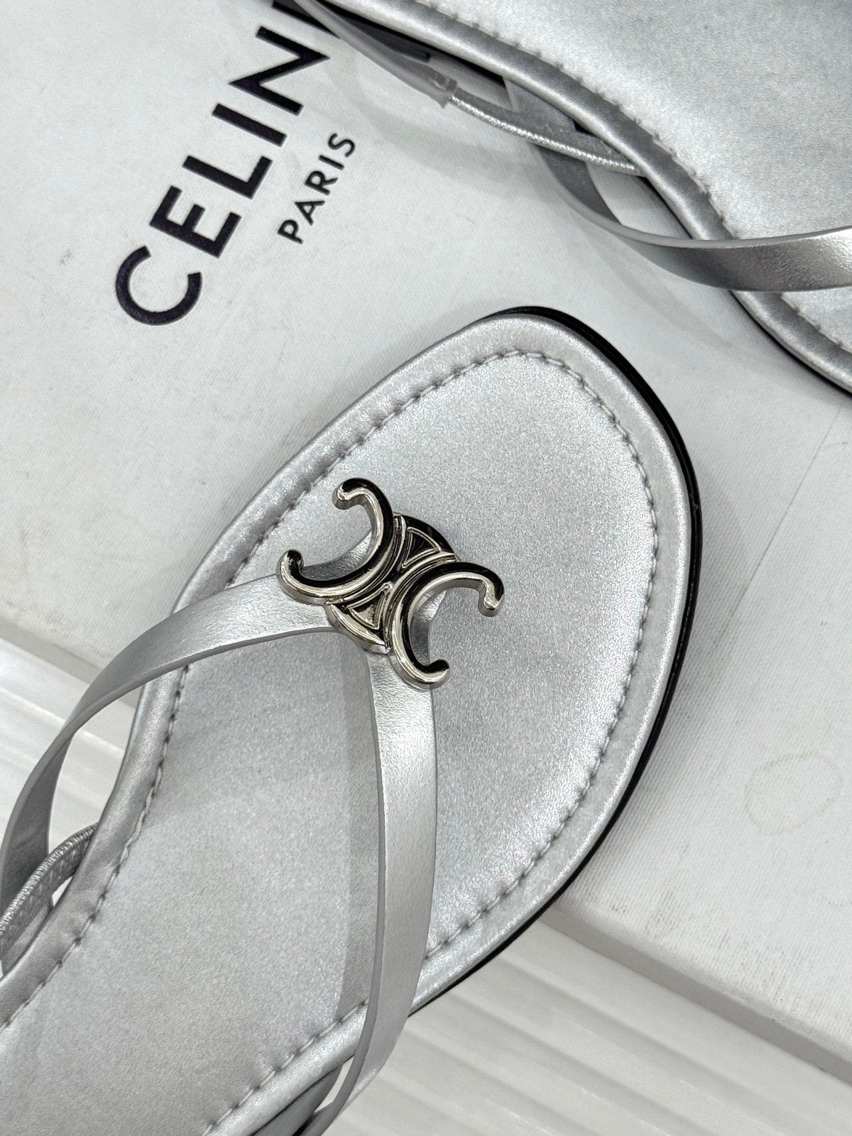 Celine 26s Thong Sandals Silver Calfskin 416283
