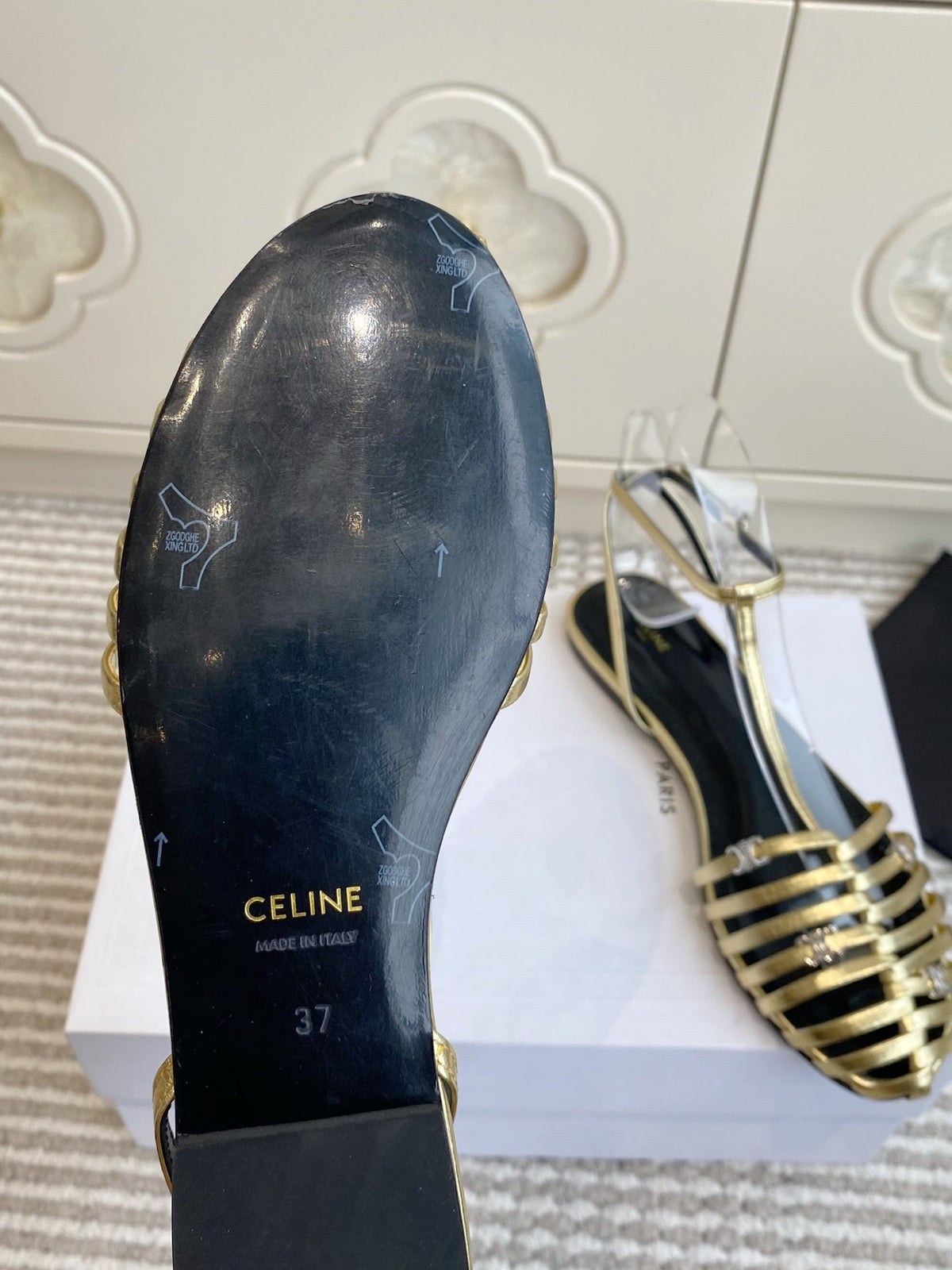 Celine 26s Clea Triomphe Gladiator Sandals Gold Lambskin 629148