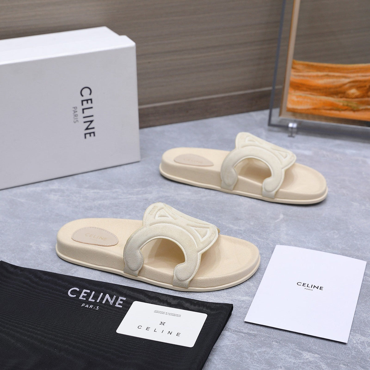 Celine 26s Triomphe Slides Cream White Suede 247058