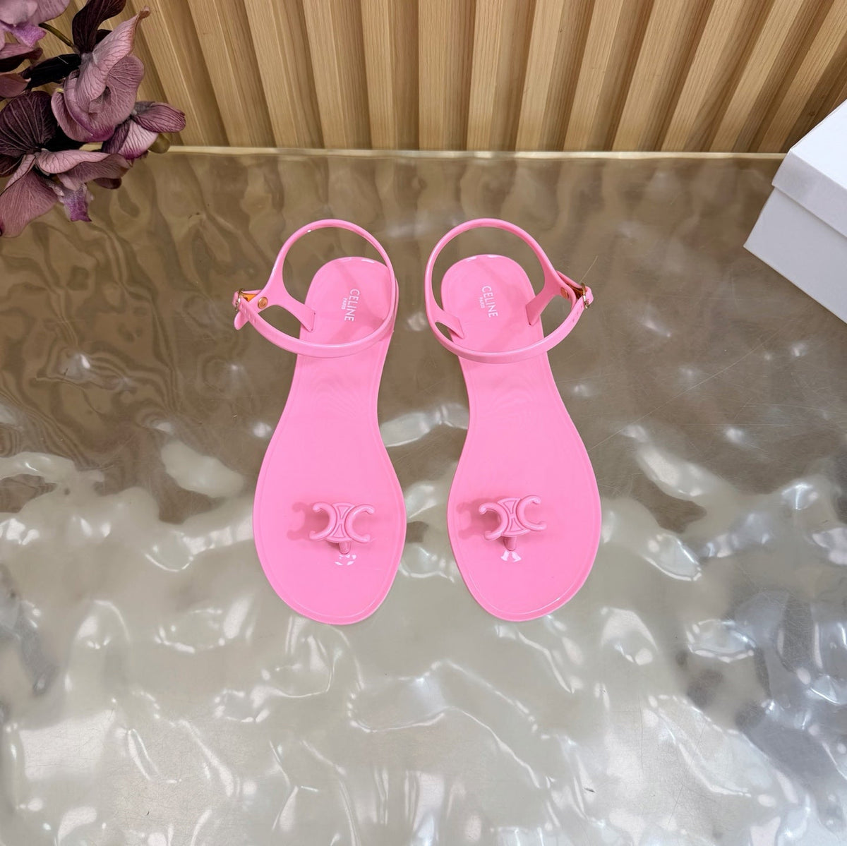 Celine 26s Triomphe Jelly Thong Sandals Pink TPU Gold Hardware 472195