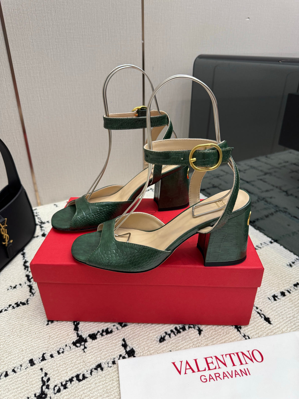 Valentino 26S Square Toe Ankle Strap Sandals In Dark Green Croc-Embossed Leather