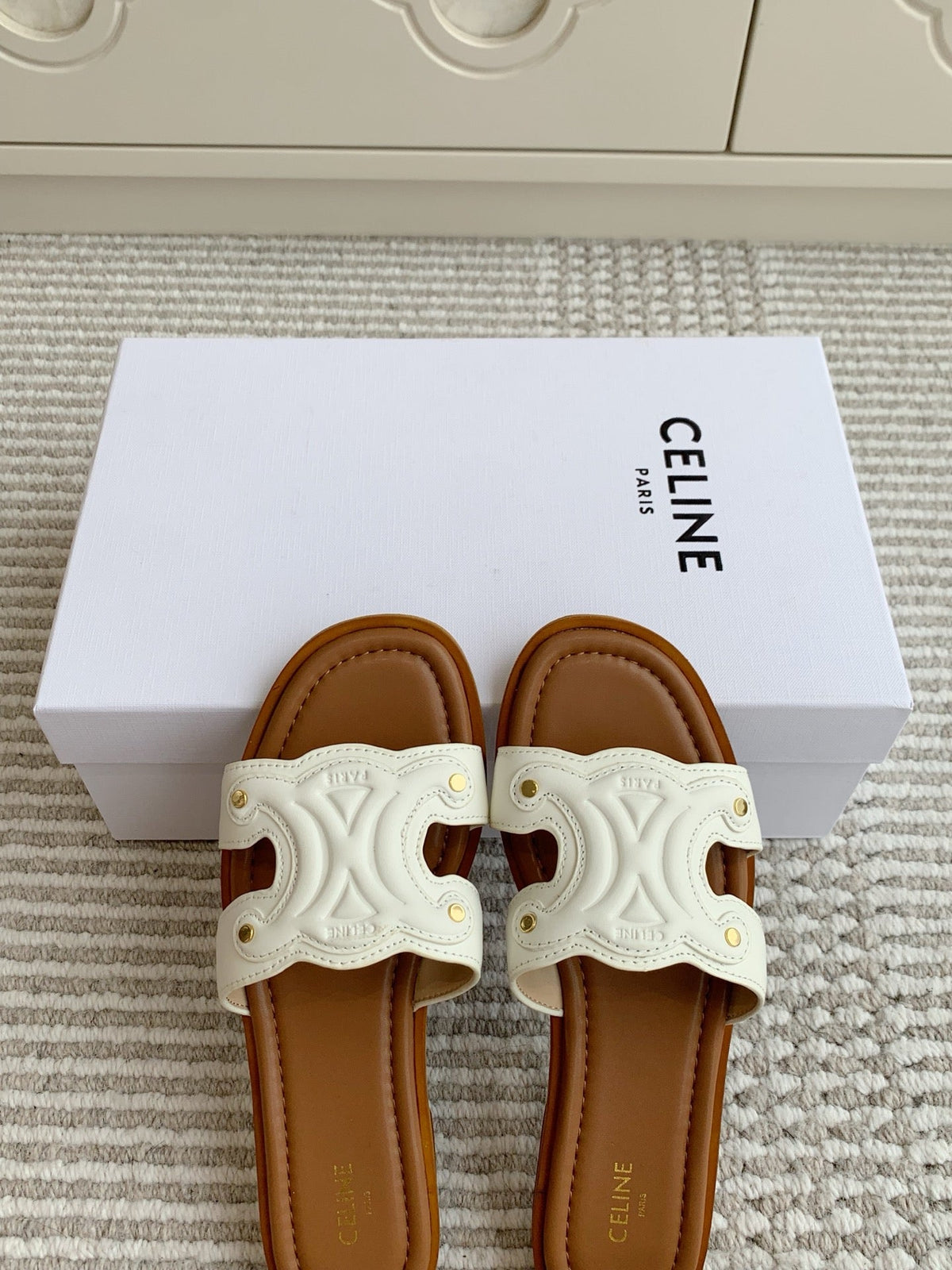 Celine 26s Triomphe Slide Sandals Ivory White Calfskin With Tan Brown Footbed 295138