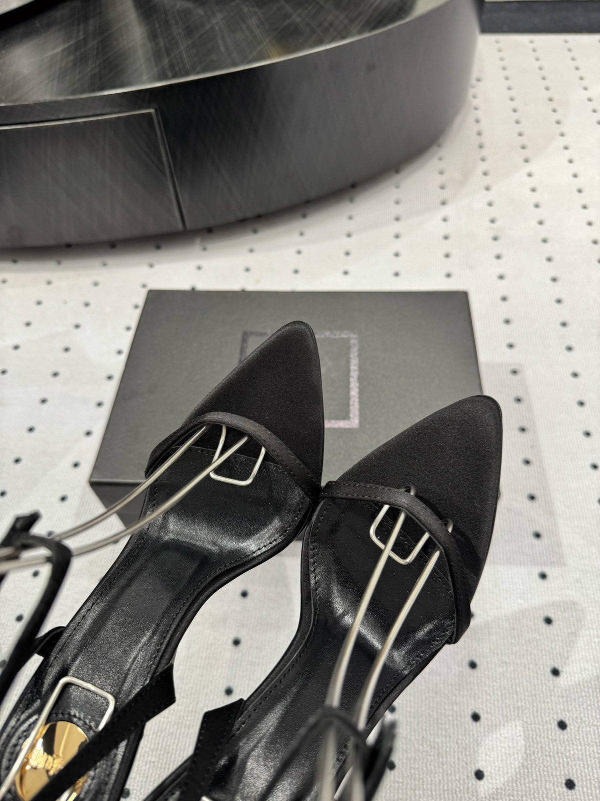 YSL 26S Metal-Capped Wedge Heels 10.5cm Black Satin