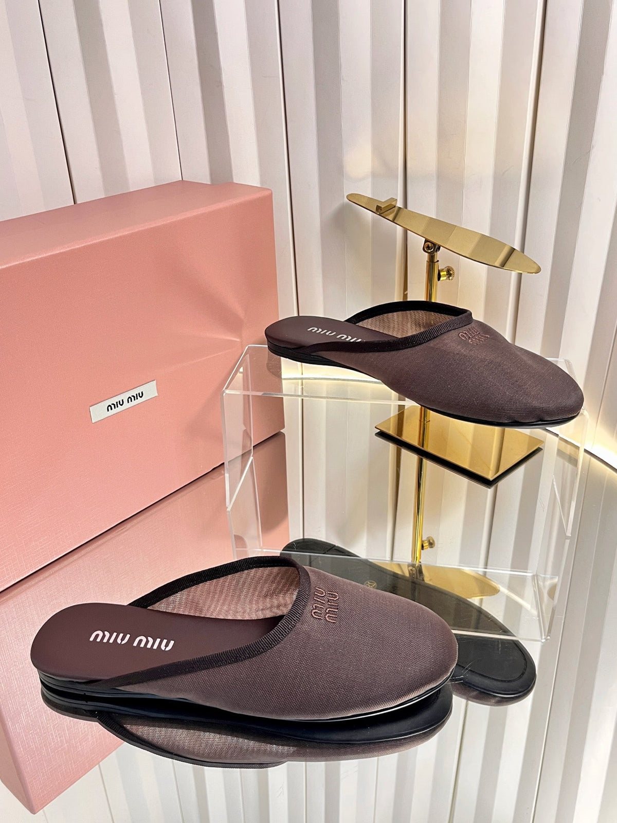 Miumiu 26S Flat Mules Chocolate Brown Fabric And Leather