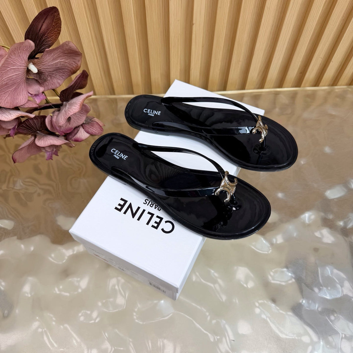 Celine 26s Triomphe Thong Sandals Black TPU Silver Hardware 836154