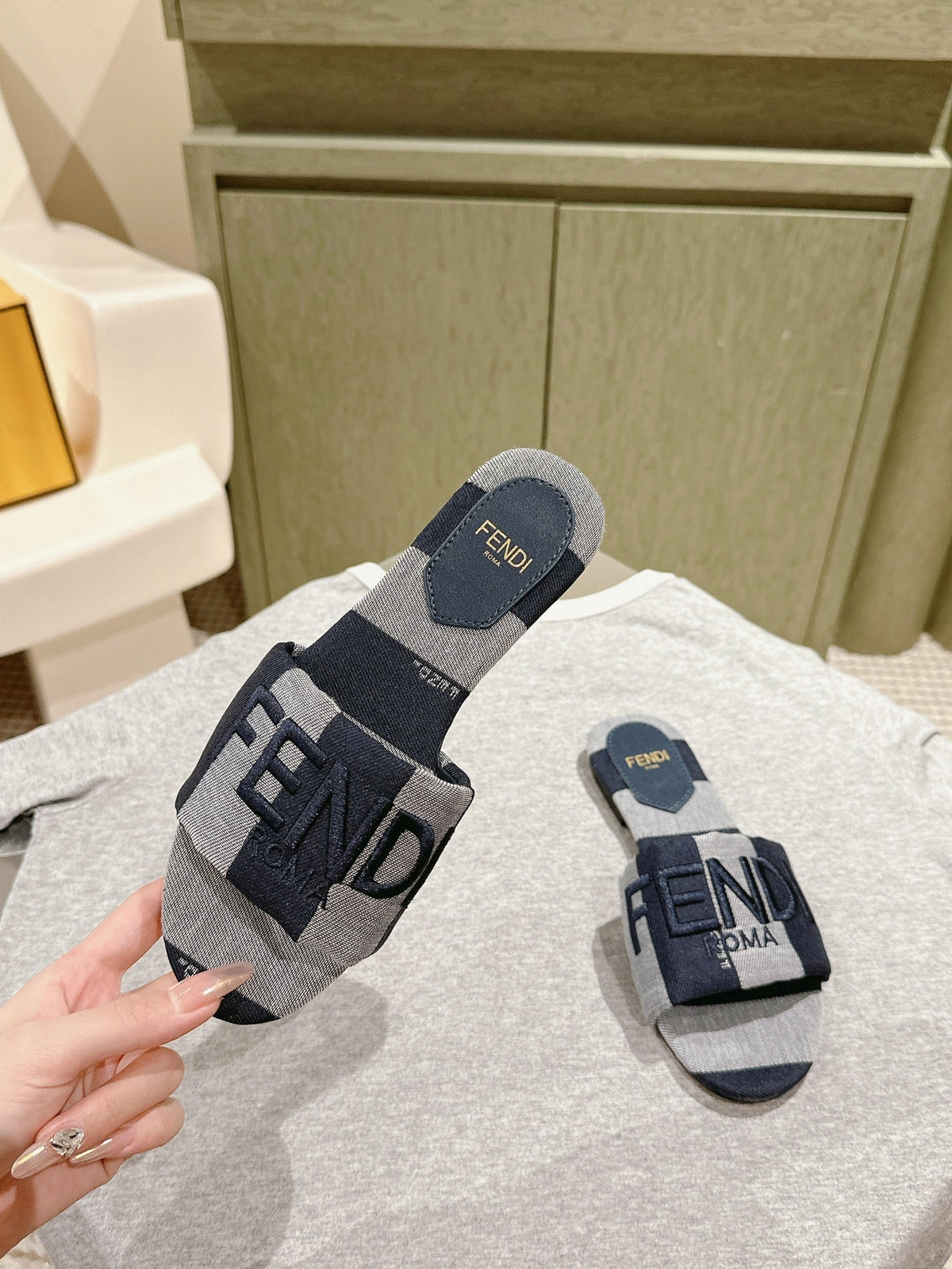 Fendi 26S Slide Sandals Dark Blue And Grey Canvas