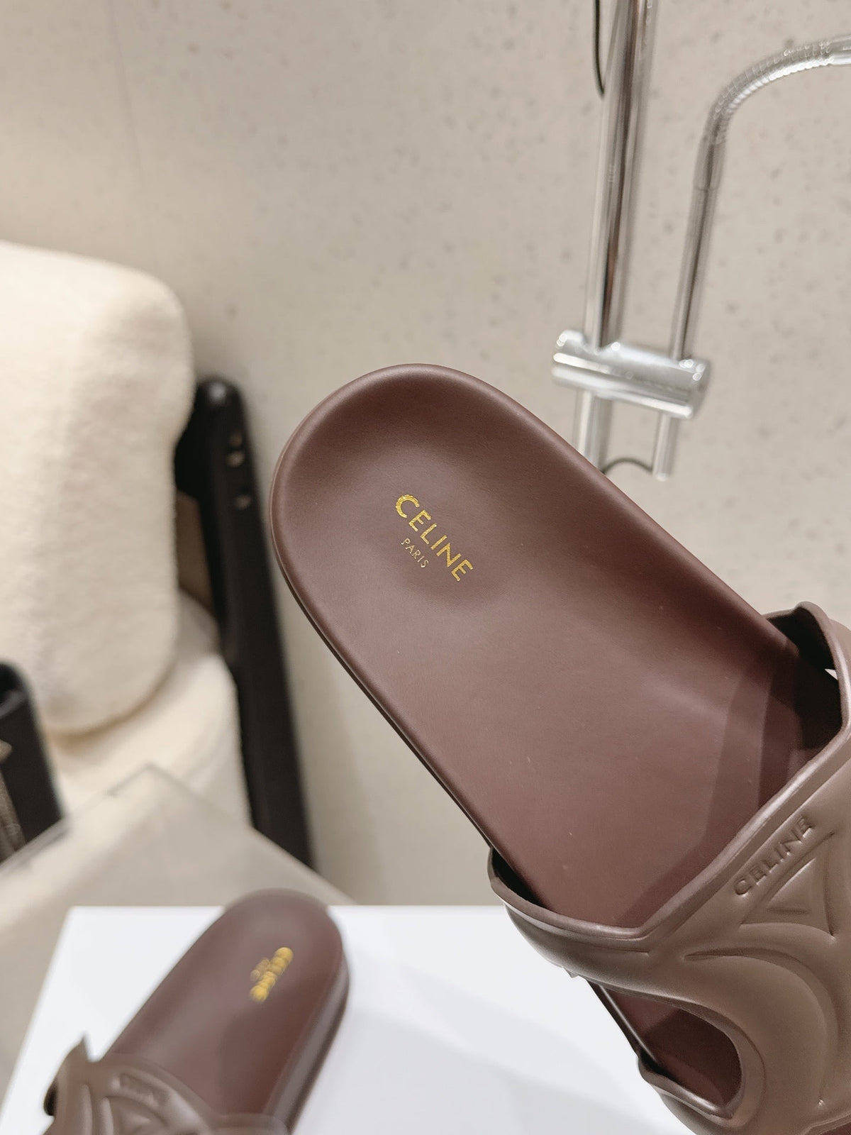 Celine 26s Triomphe Slides Dark Brown Calfskin 629471