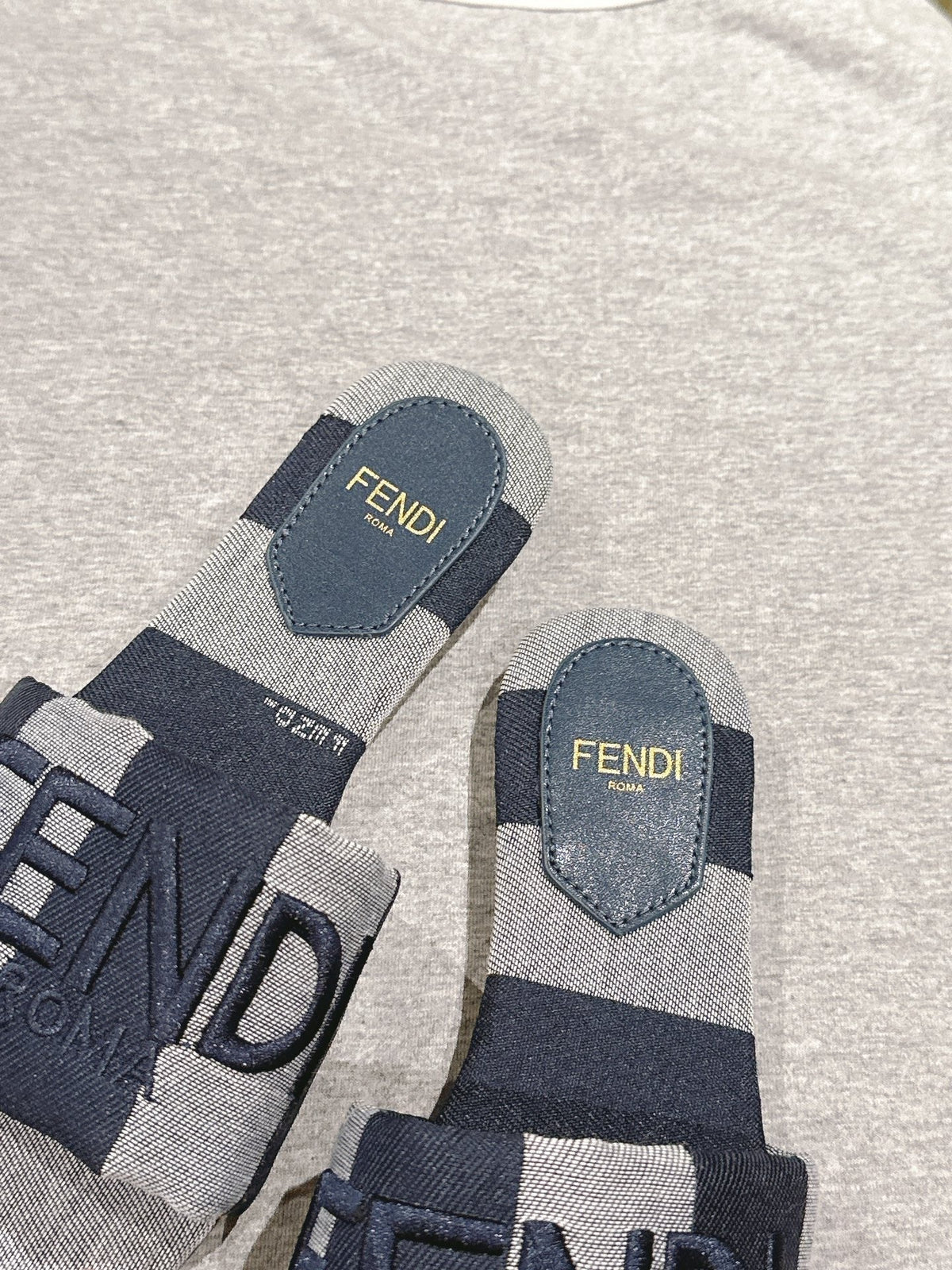 Fendi 26S Slide Sandals Dark Blue And Grey Canvas