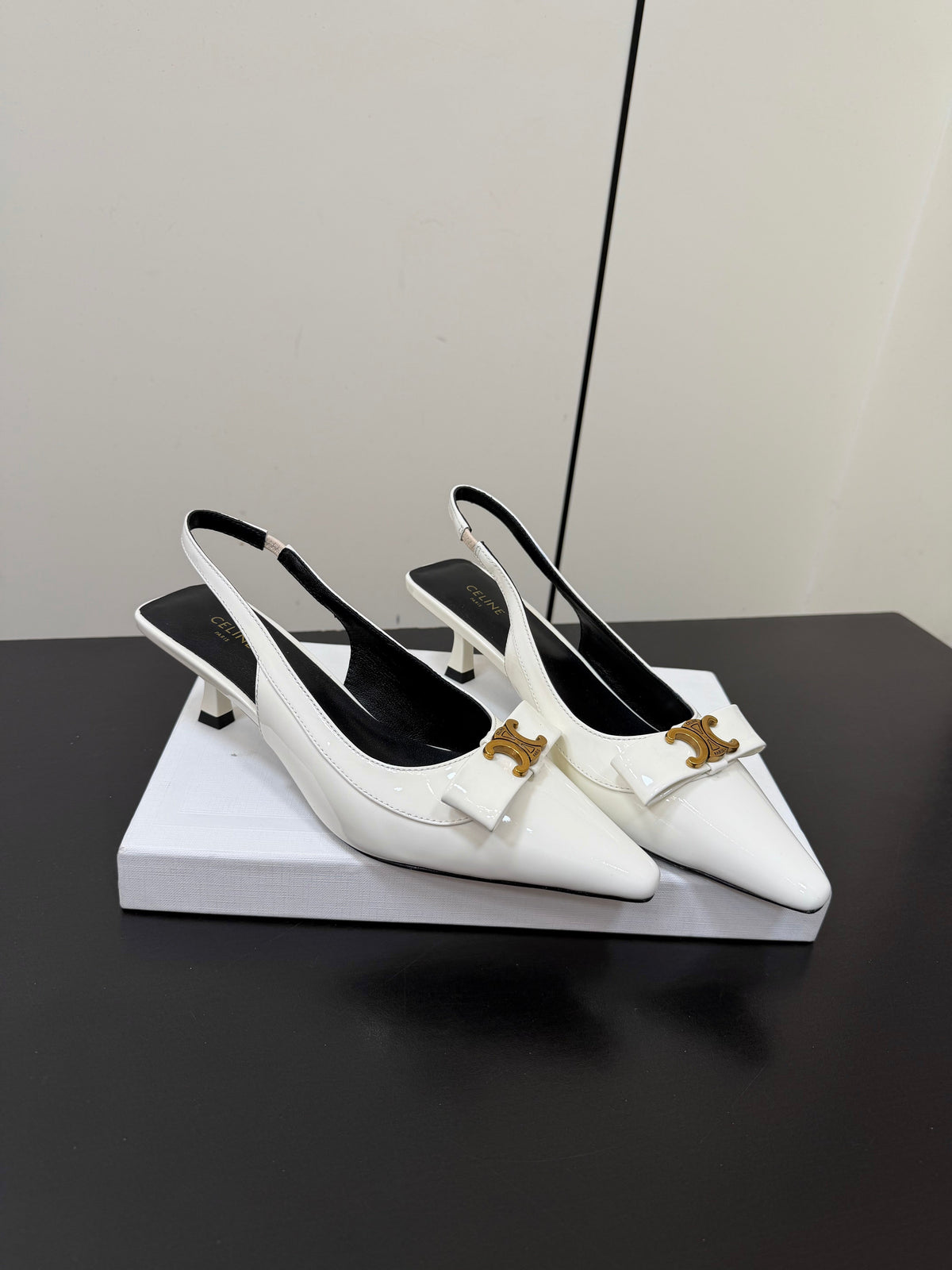 Celine 26s Triomphe Slingback Pumps In White Patent Calfskin Gold Hardware