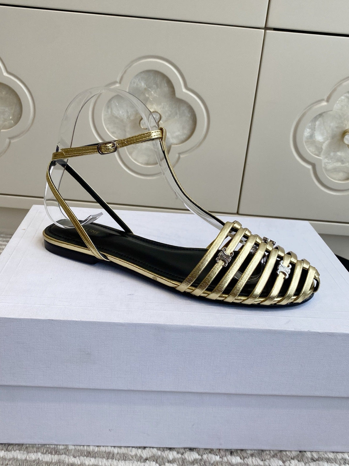 Celine 26s Clea Triomphe Gladiator Sandals Gold Lambskin 629148