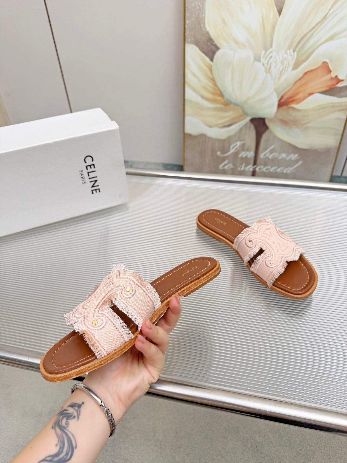 Celine 26s Triomphe Slide Sandals Blush Pink Canvas 831429