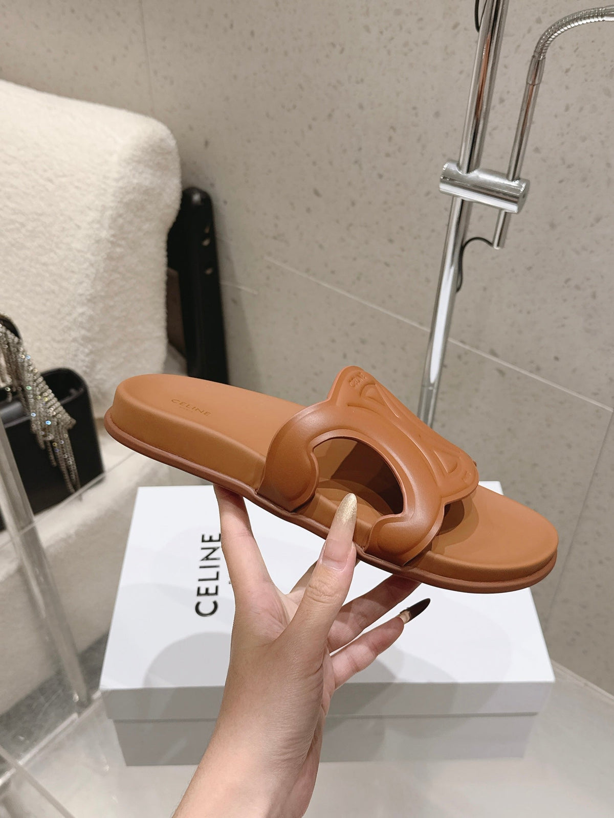 Celine 26s Triomphe Slides Brown Calfskin 394815