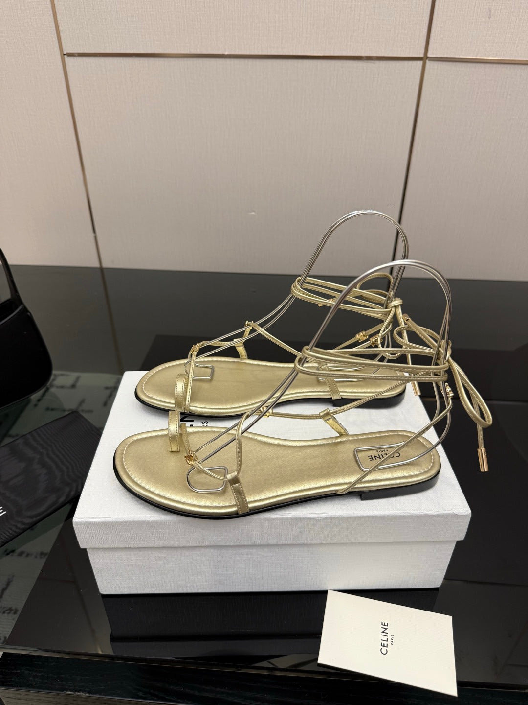 Celine 26s Triomphe Lace Up Flat Sandals Gold Calfskin 538194