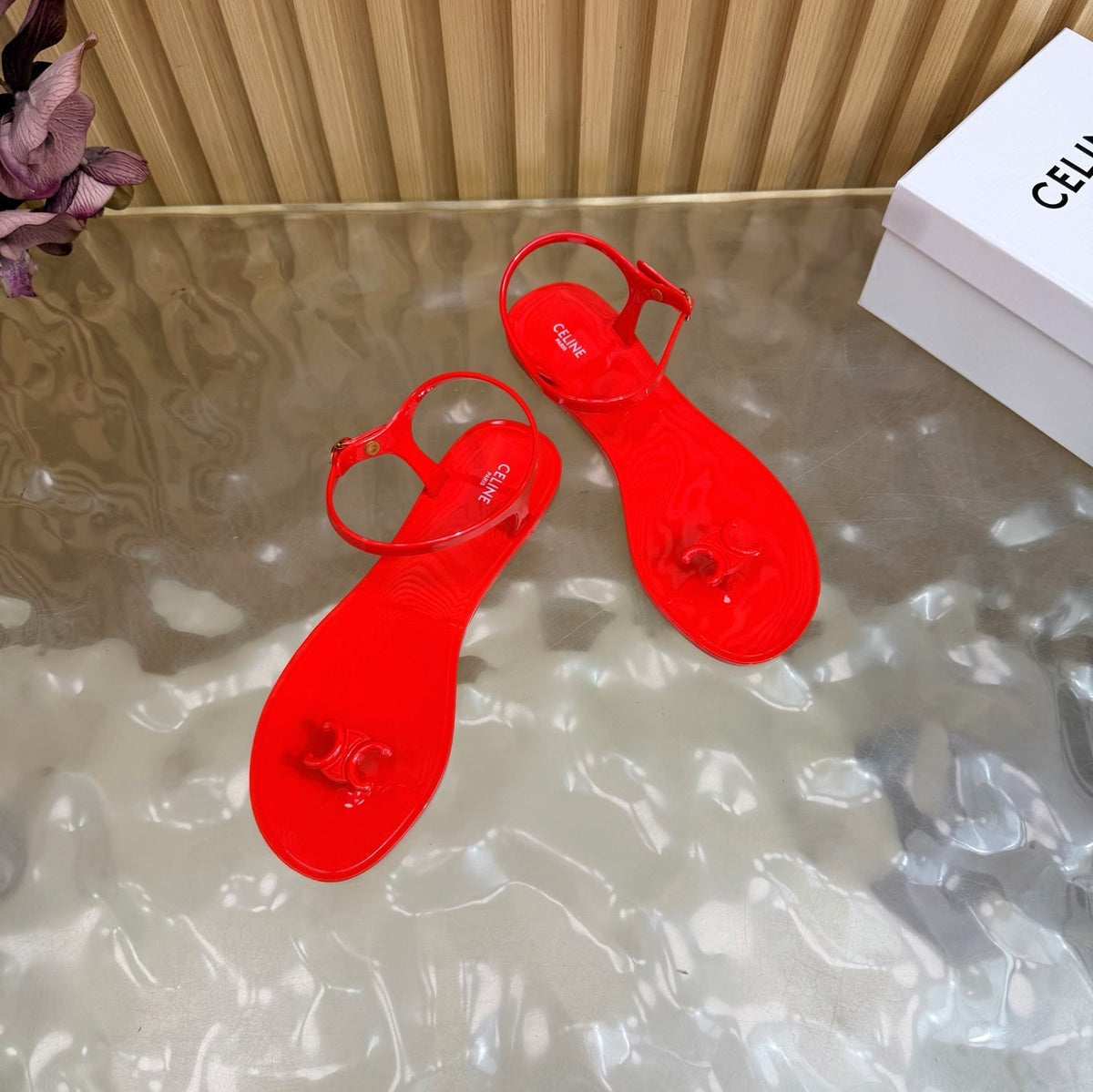 Celine 26s Triomphe Jelly Thong Sandals Bright Red TPU Gold Hardware 742519
