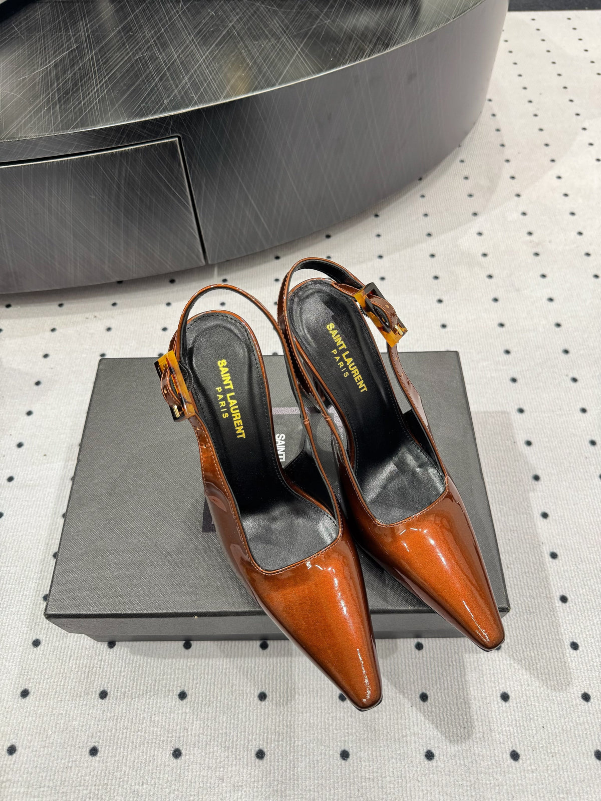 YSL 26S Slingback Heels 10.5cm Black Glossy Calfskin With Buckle Closure