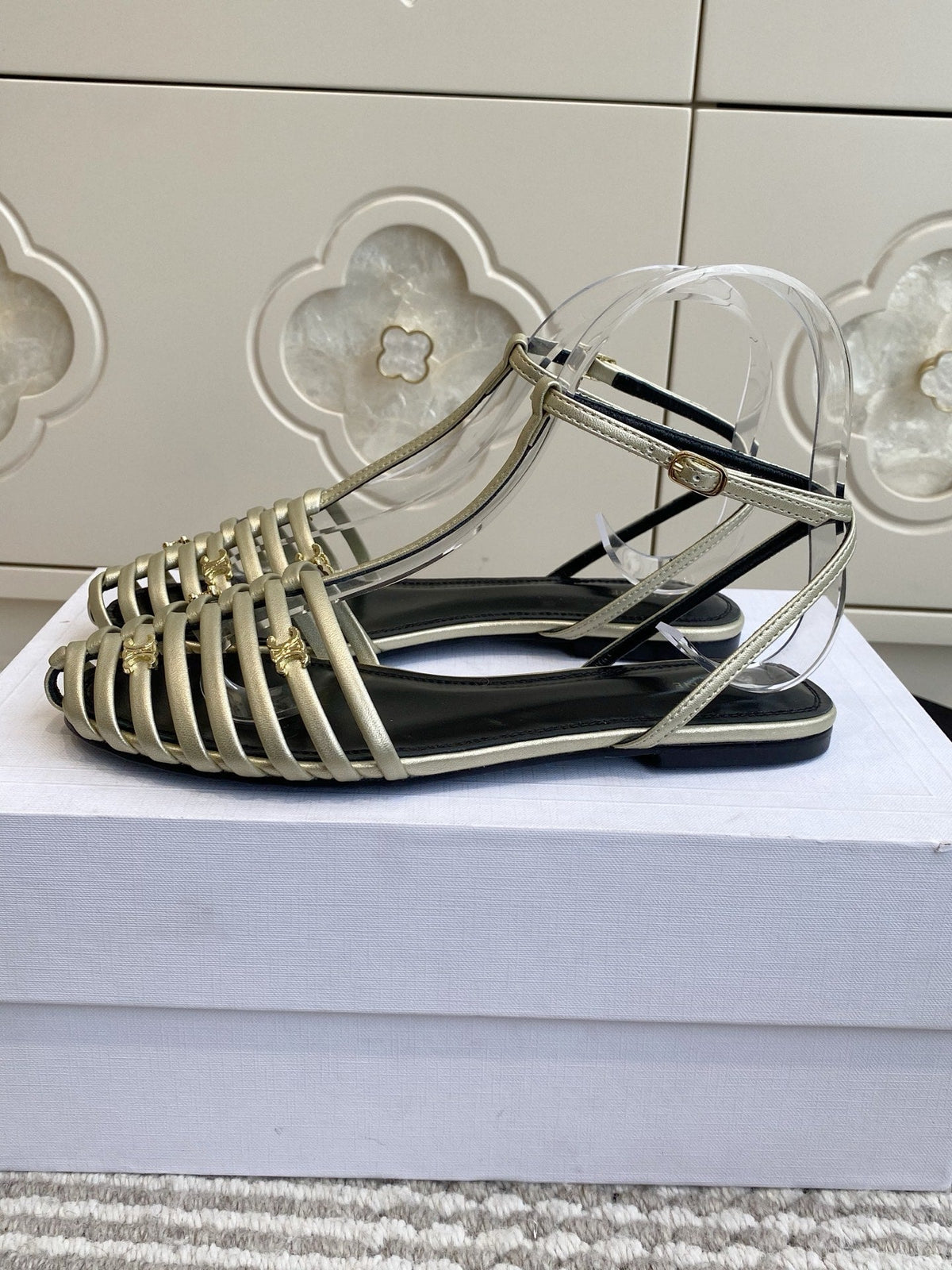 Celine 26s Clea Triomphe Gladiator Sandals Champagne Gold Lambskin 735106