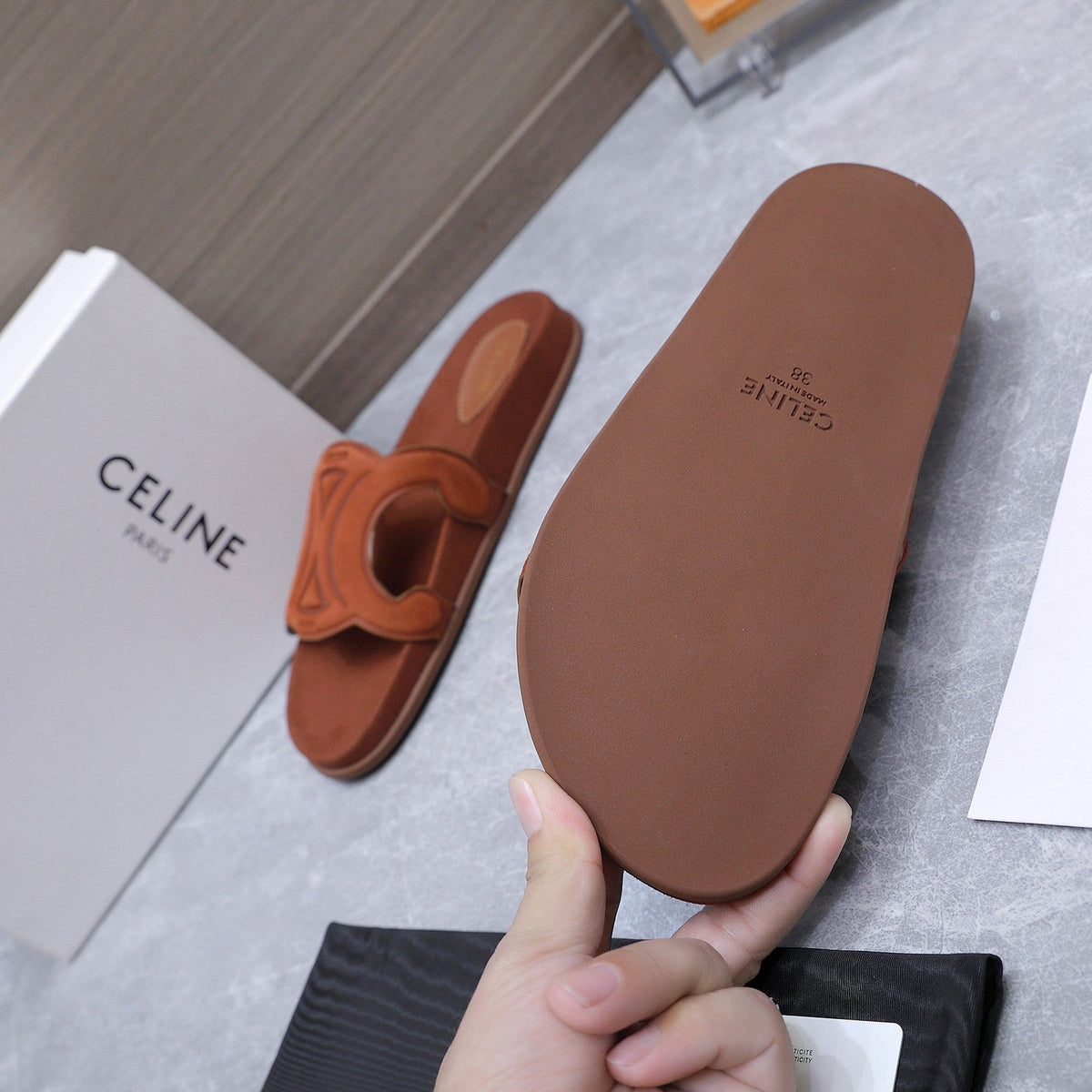Celine 26s Triomphe Slides Cognac Brown Suede 915403