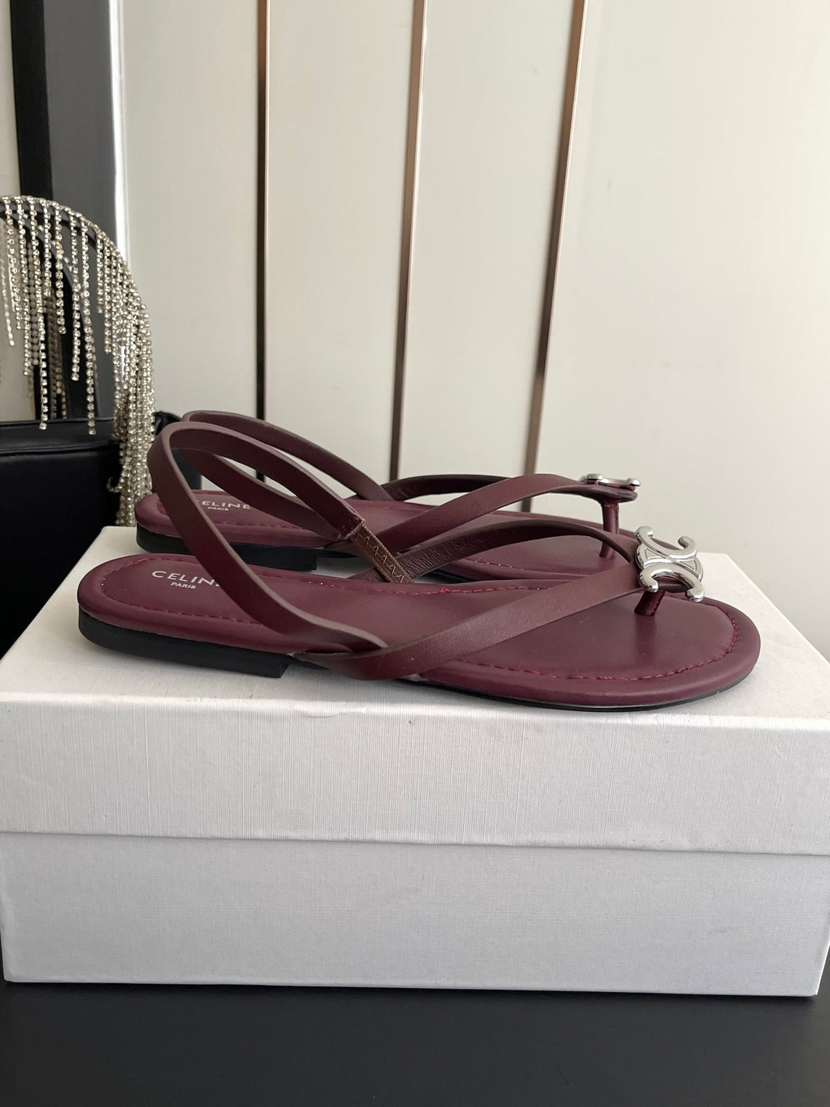 Celine 26s Thong Sandals Dark Red Calfskin 538164