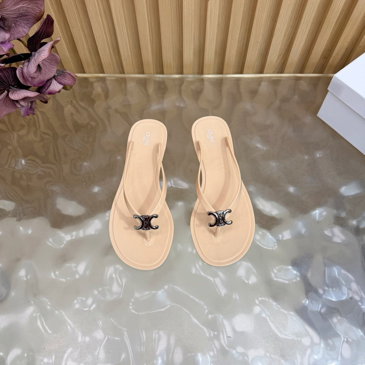 Celine 26s Triomphe Thong Sandals Nude Beige TPU Silver Hardware 249715