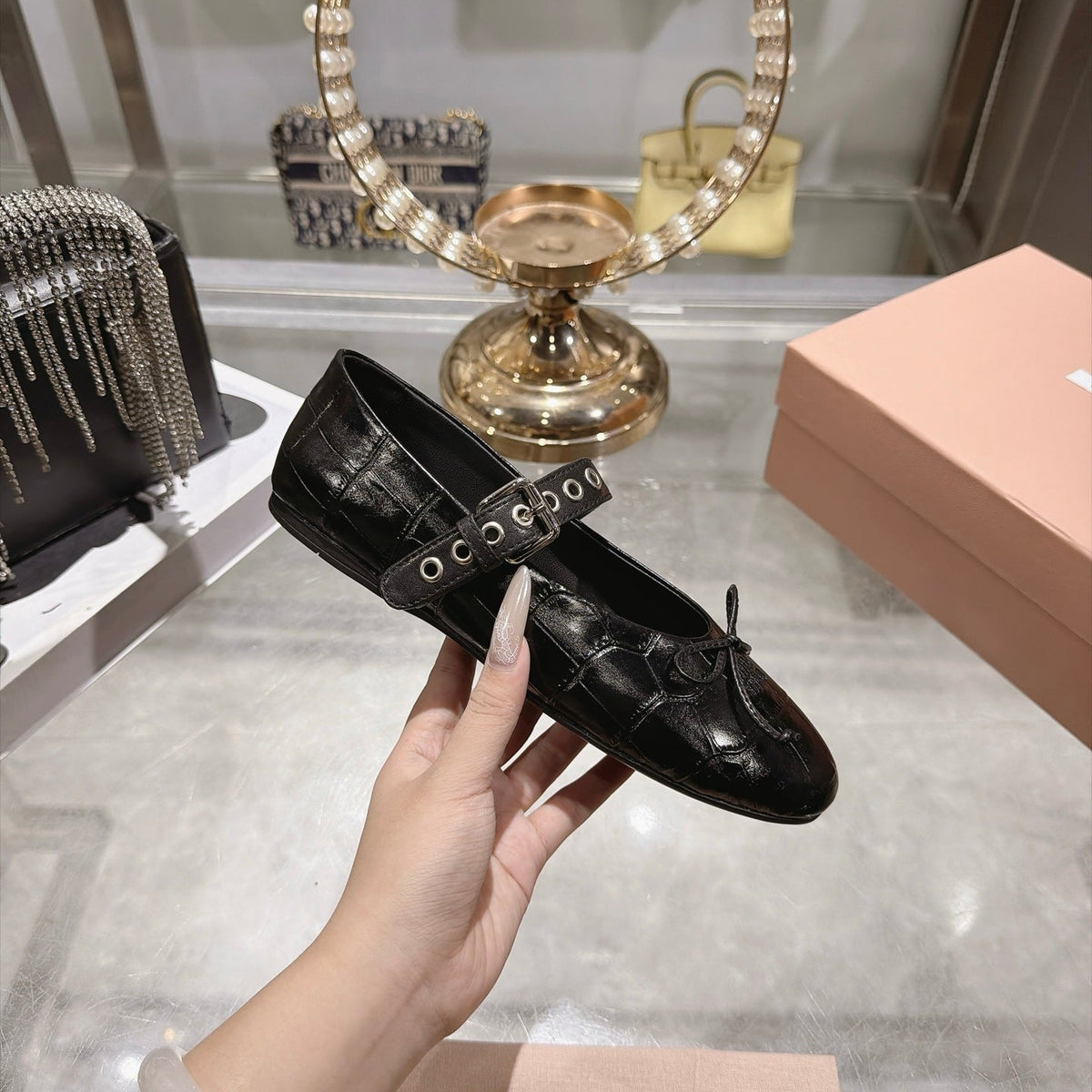 Miumiu 26S Mary Jane Flats Black Croc-Embossed Leather
