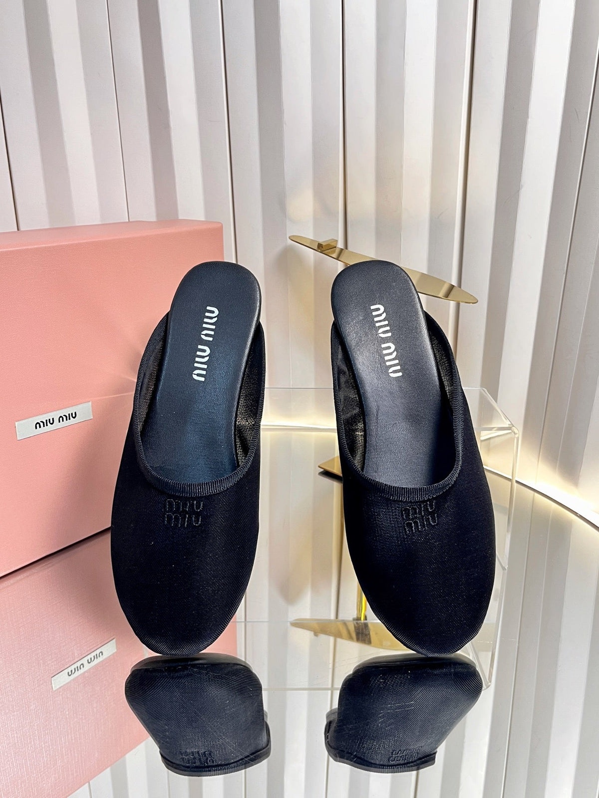Miumiu 26S Flat Mules Black Fabric And Leather