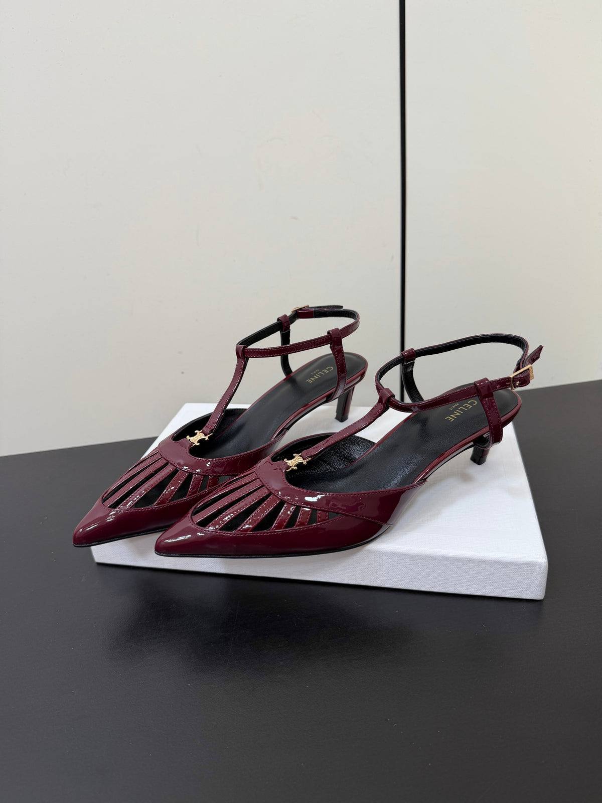 Celine 26s Triomphe T-Strap Slingback Pumps In Burgundy Red Patent Calfskin