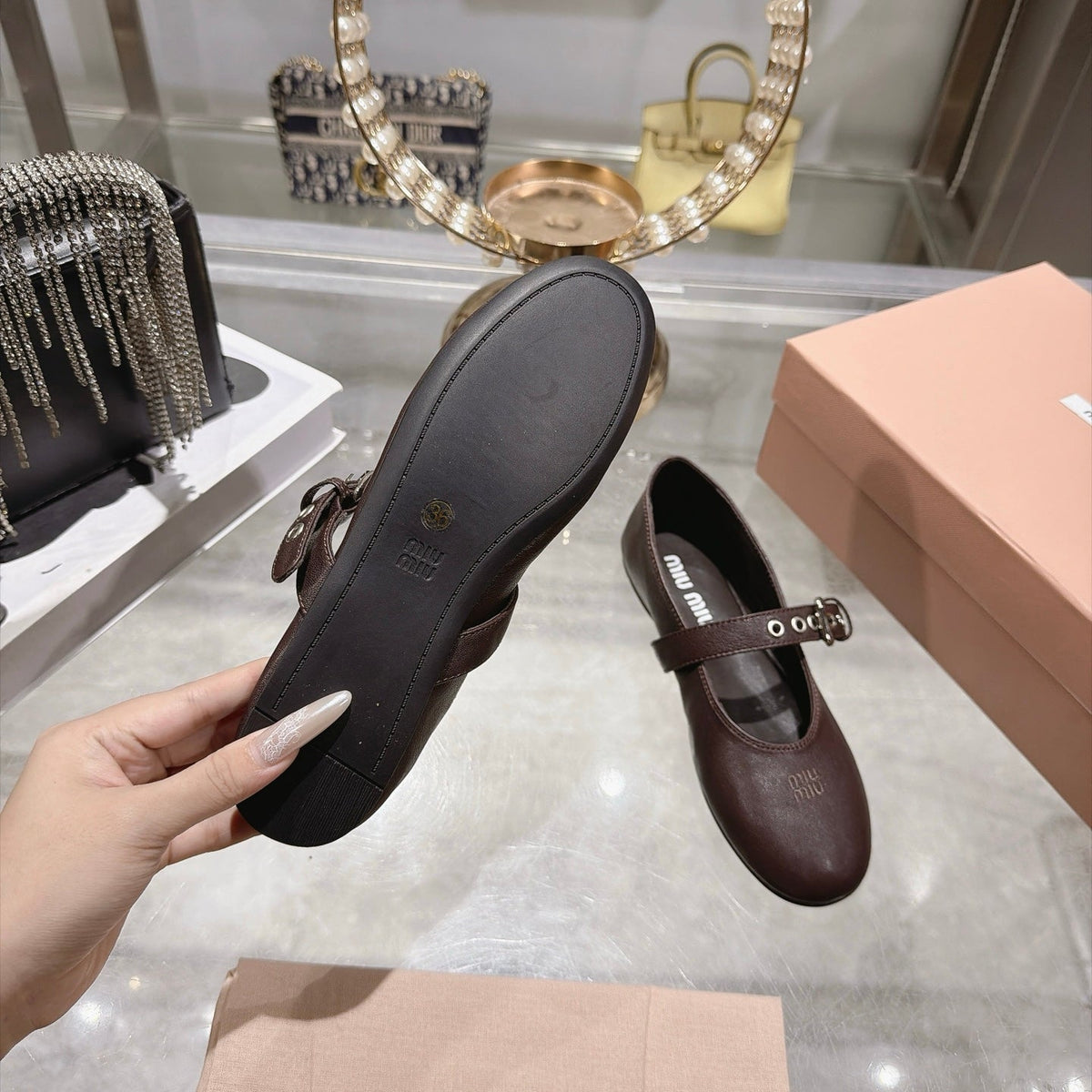 Miumiu 26S Mary Jane Flats Dark Brown Lambskin