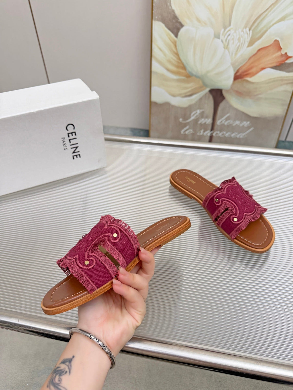 Celine 26s Triomphe Slide Sandals Berry Pink Canvas 415832